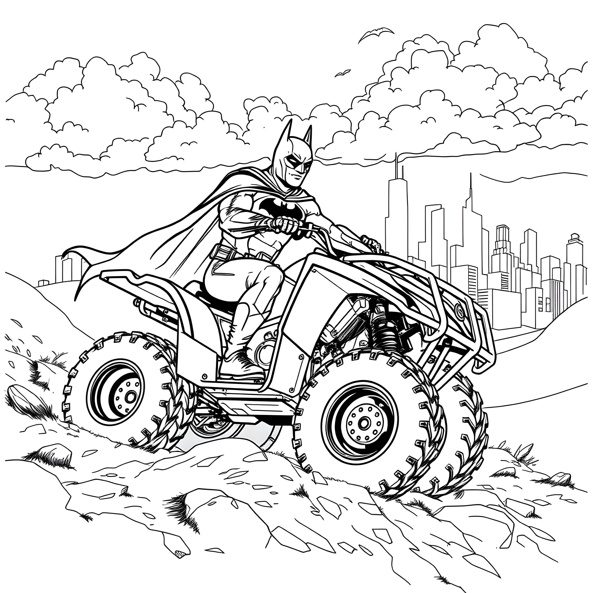 Batman on All-Terrain Batmobile in the City Coloring Page (free black-and-white line drawing printable PDF for all, from beginners to advanced learners, including children, teens, adults, and seniors)