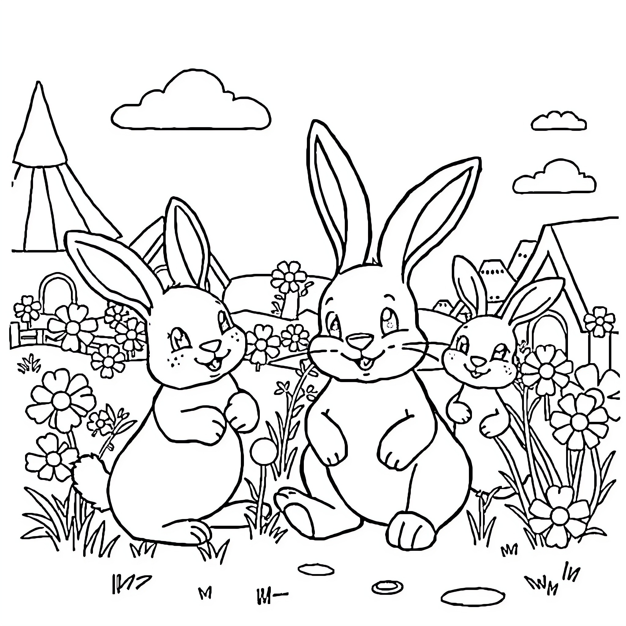 Bunny friends enjoying a sunny day outdoors Coloring Page (free black-and-white line drawing printable PDF for all, from beginners to advanced learners, including children, teens, adults, and seniors)