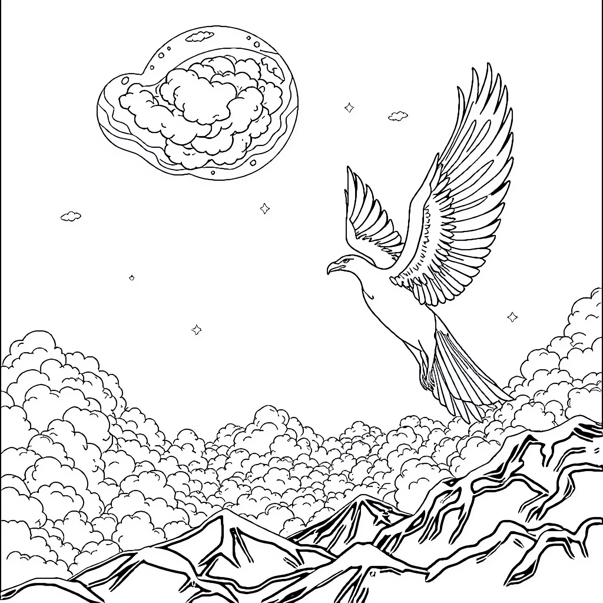 Sky Guardians soaring over majestic mountain landscapes Coloring Page (free black-and-white line drawing printable PDF for all, from beginners to advanced learners, including children, teens, adults, and seniors)