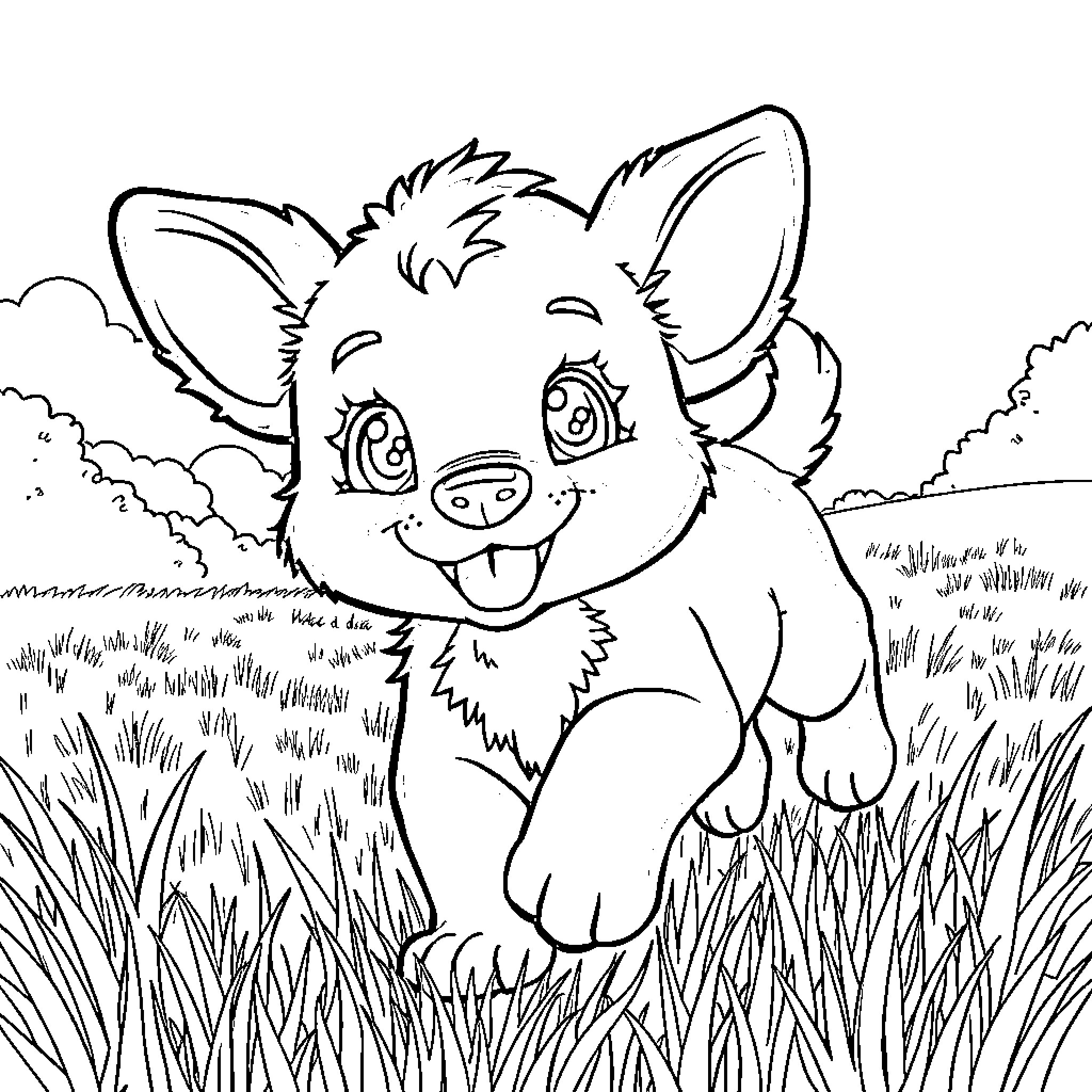 Bluey playing happily in the meadow Coloring Page (free black-and-white line drawing printable PDF for all, from beginners to advanced learners, including children, teens, adults, and seniors)