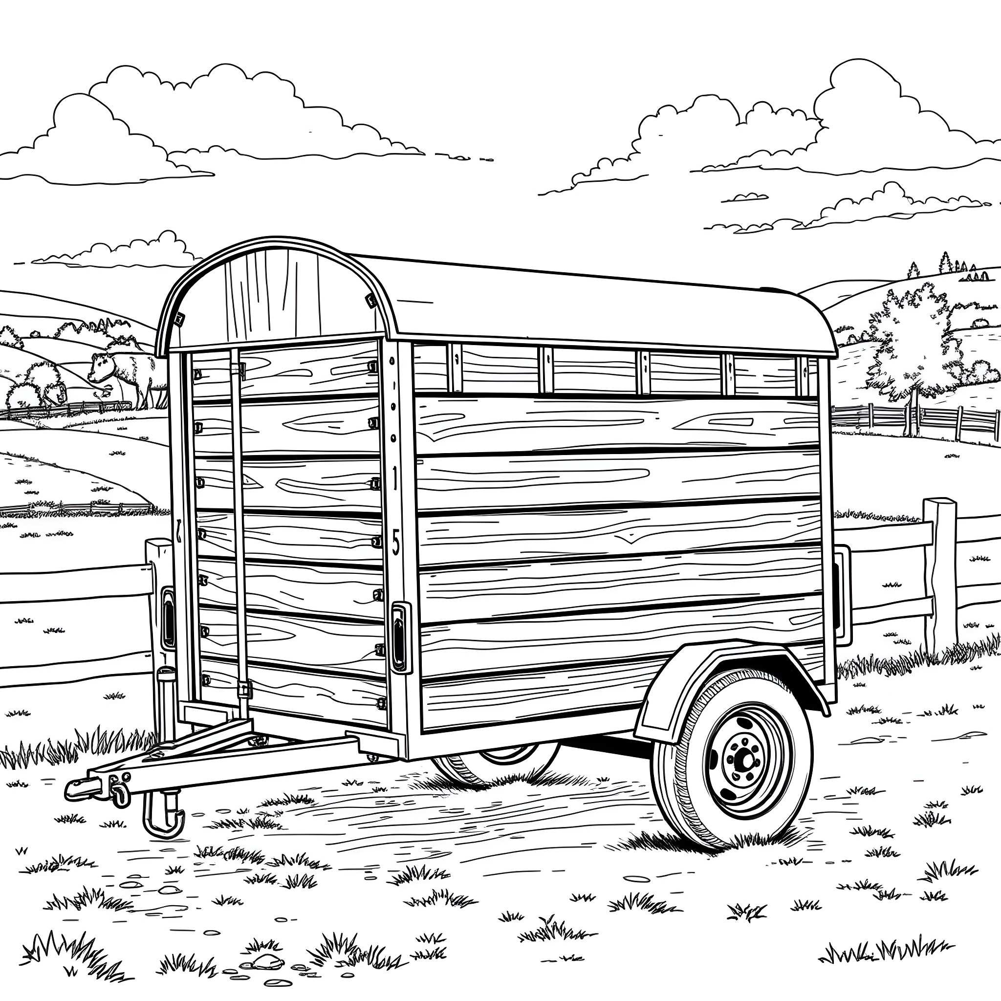 Pig-drawn wagon in a rural landscape Coloring Page (free black-and-white line drawing printable PDF for all, from beginners to advanced learners, including children, teens, adults, and seniors)