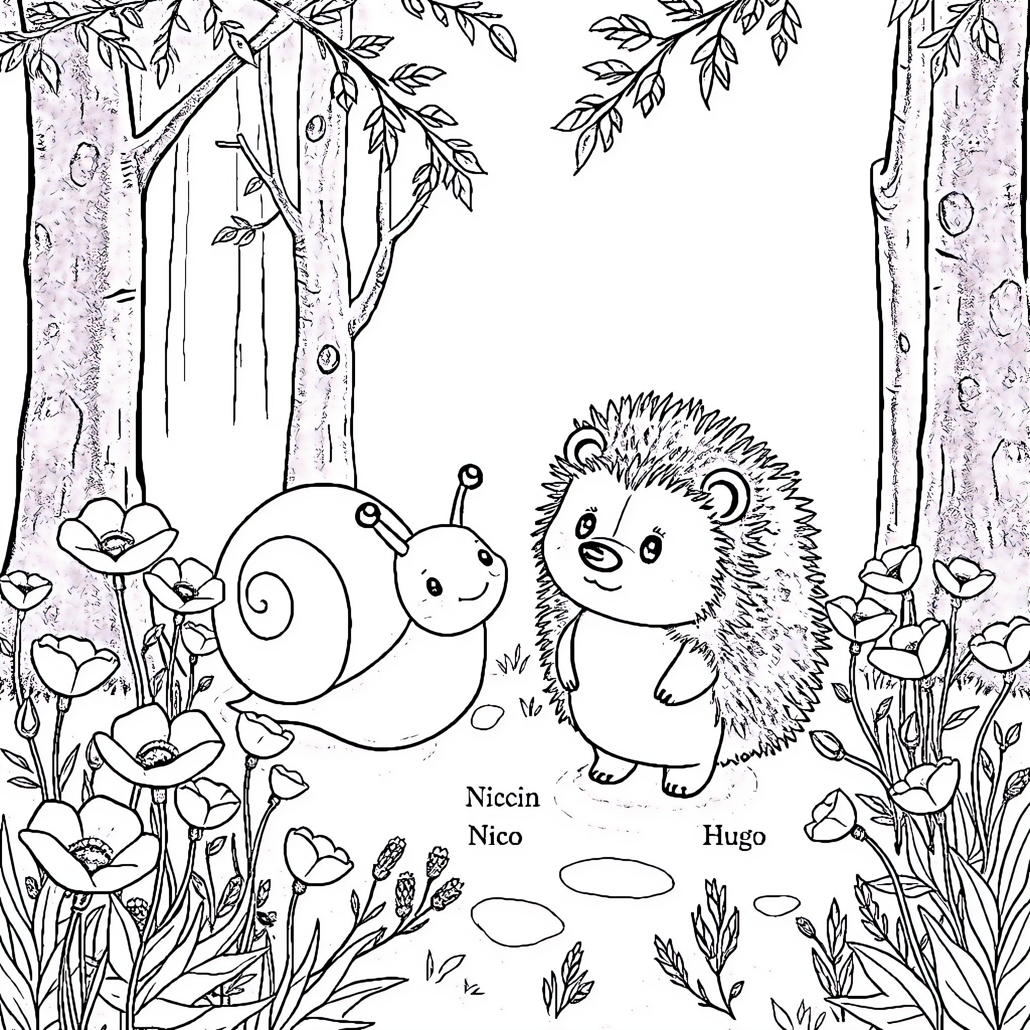 Snail and Hedgehog Friends in Forest Coloring Page (free black-and-white line drawing printable PDF for all, from beginners to advanced learners, including children, teens, adults, and seniors)