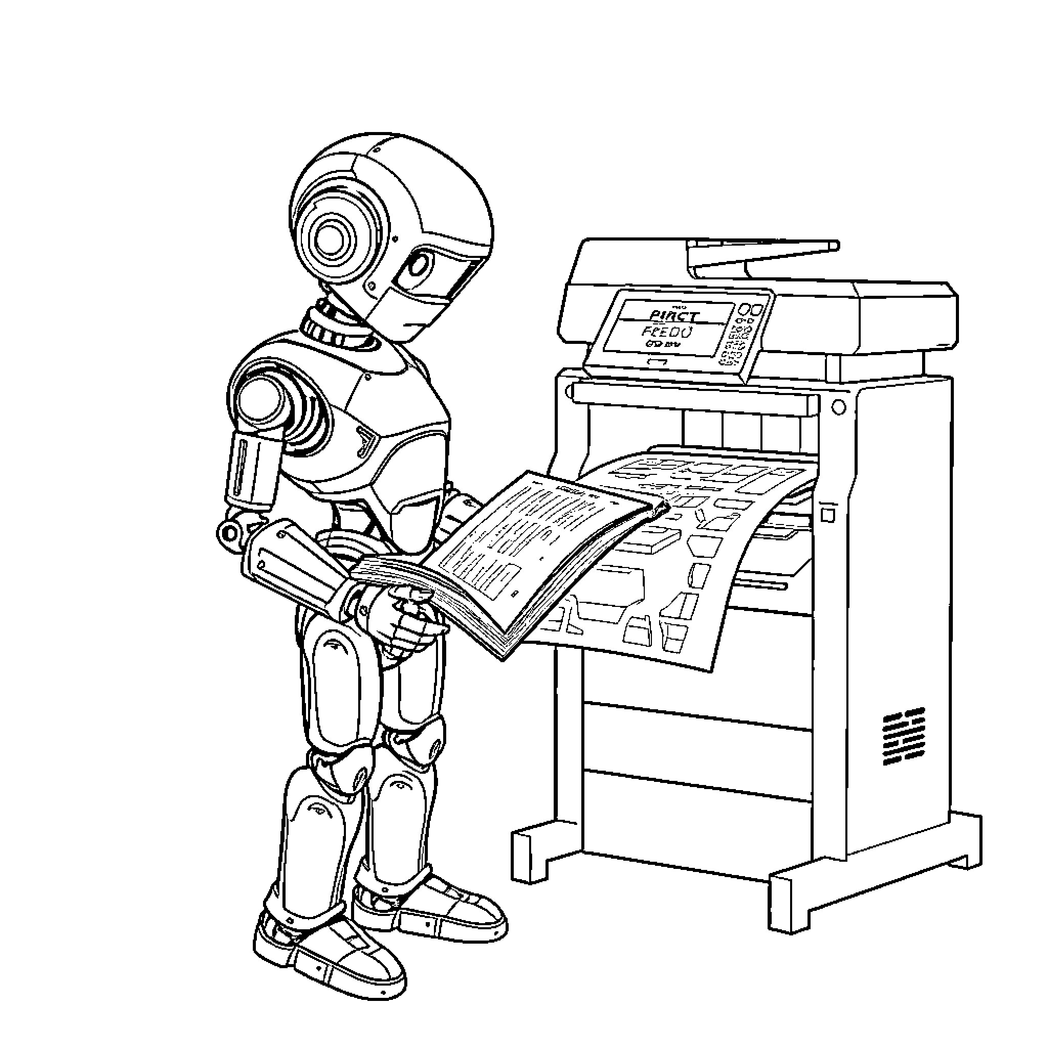 Robot operating a photocopier machine Coloring Page (free black-and-white line drawing printable PDF for all, from beginners to advanced learners, including children, teens, adults, and seniors)