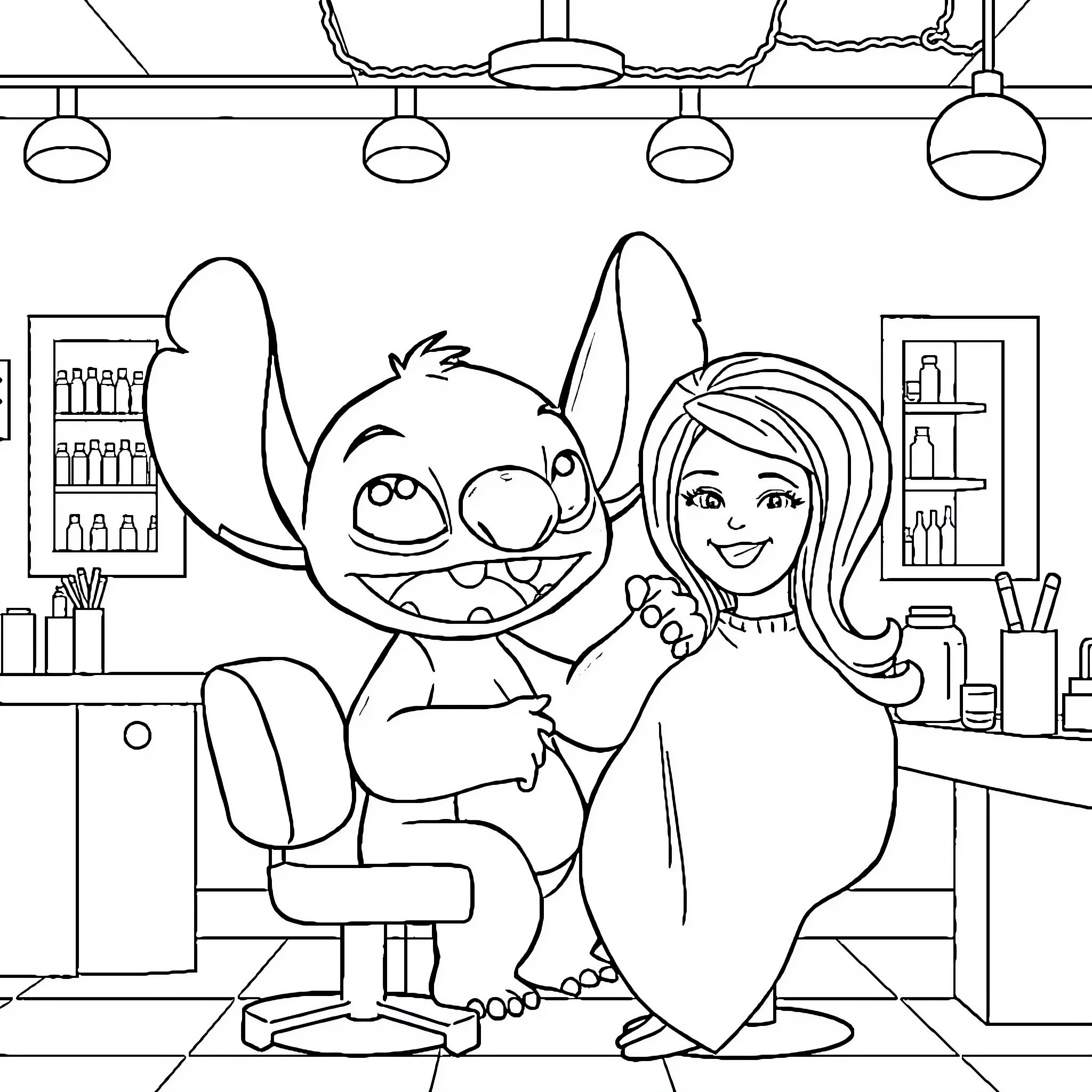 Stitch and woman sit together in a room Coloring Page (free black-and-white line drawing printable PDF for all, from beginners to advanced learners, including children, teens, adults, and seniors)