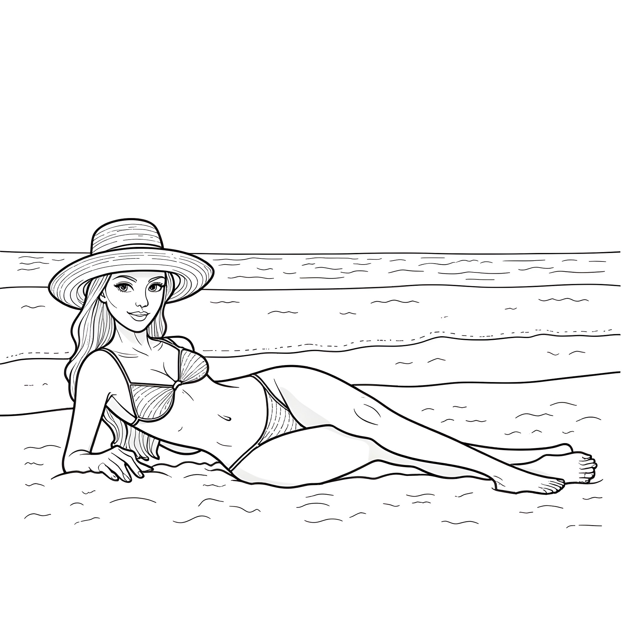 Bikini Model Relaxing on the Beach Coloring Page (free black-and-white line drawing printable PDF for all, from beginners to advanced learners, including children, teens, adults, and seniors)