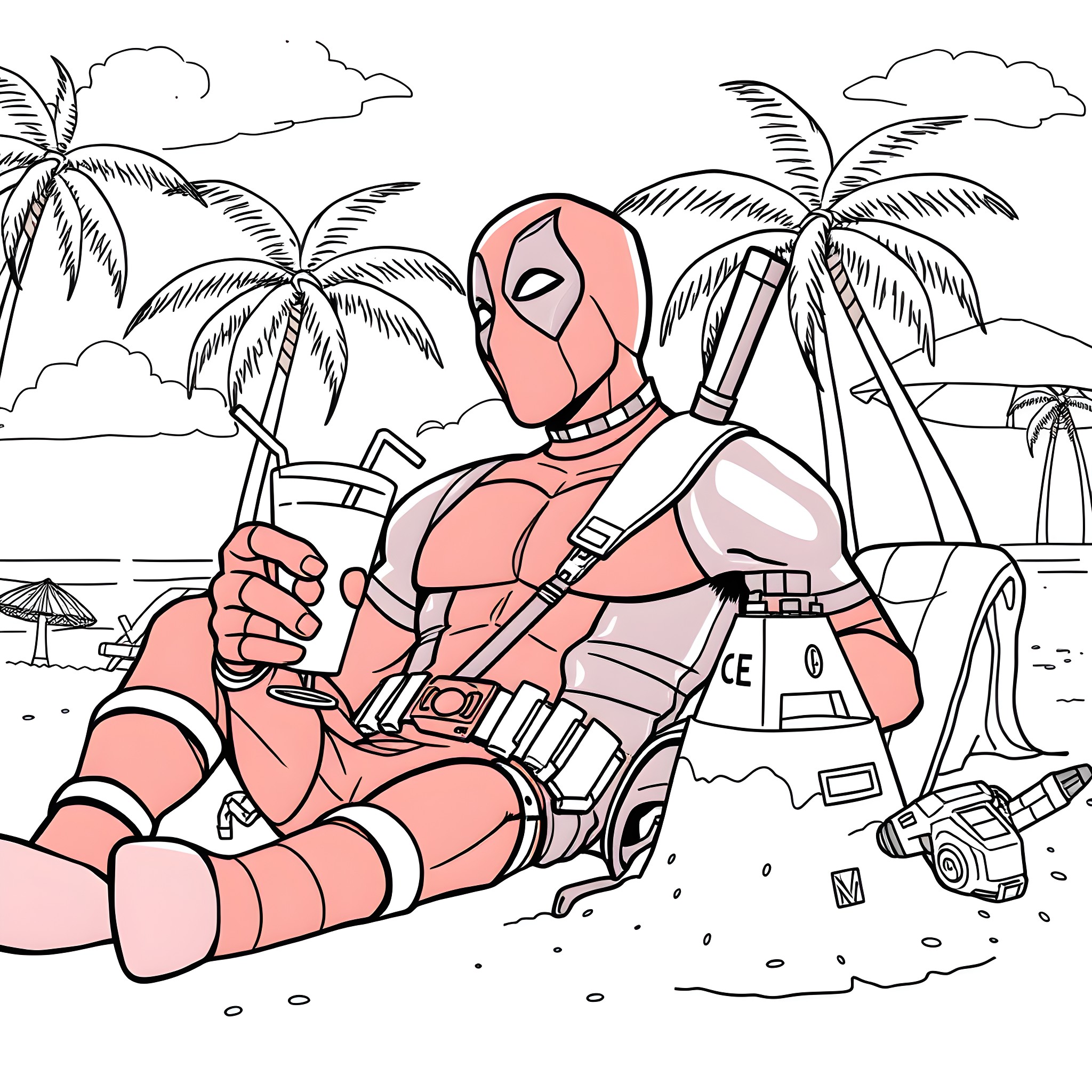 Deadpool relaxing on the beach with his equipment Coloring Page (free black-and-white line drawing printable PDF for all, from beginners to advanced learners, including children, teens, adults, and seniors)