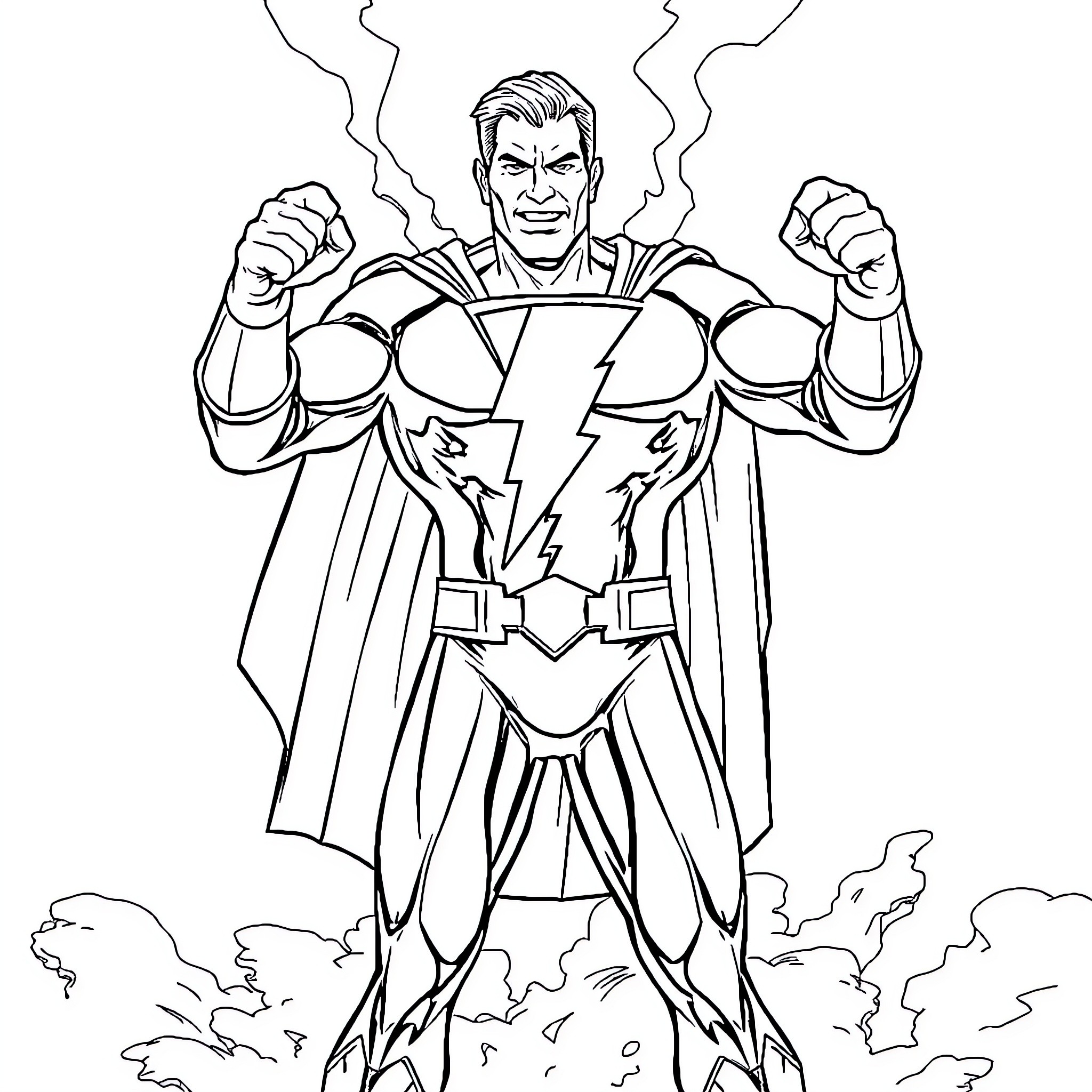Shazam: Heroic Superhero in Action Coloring Page (free black-and-white line drawing printable PDF for all, from beginners to advanced learners, including children, teens, adults, and seniors)