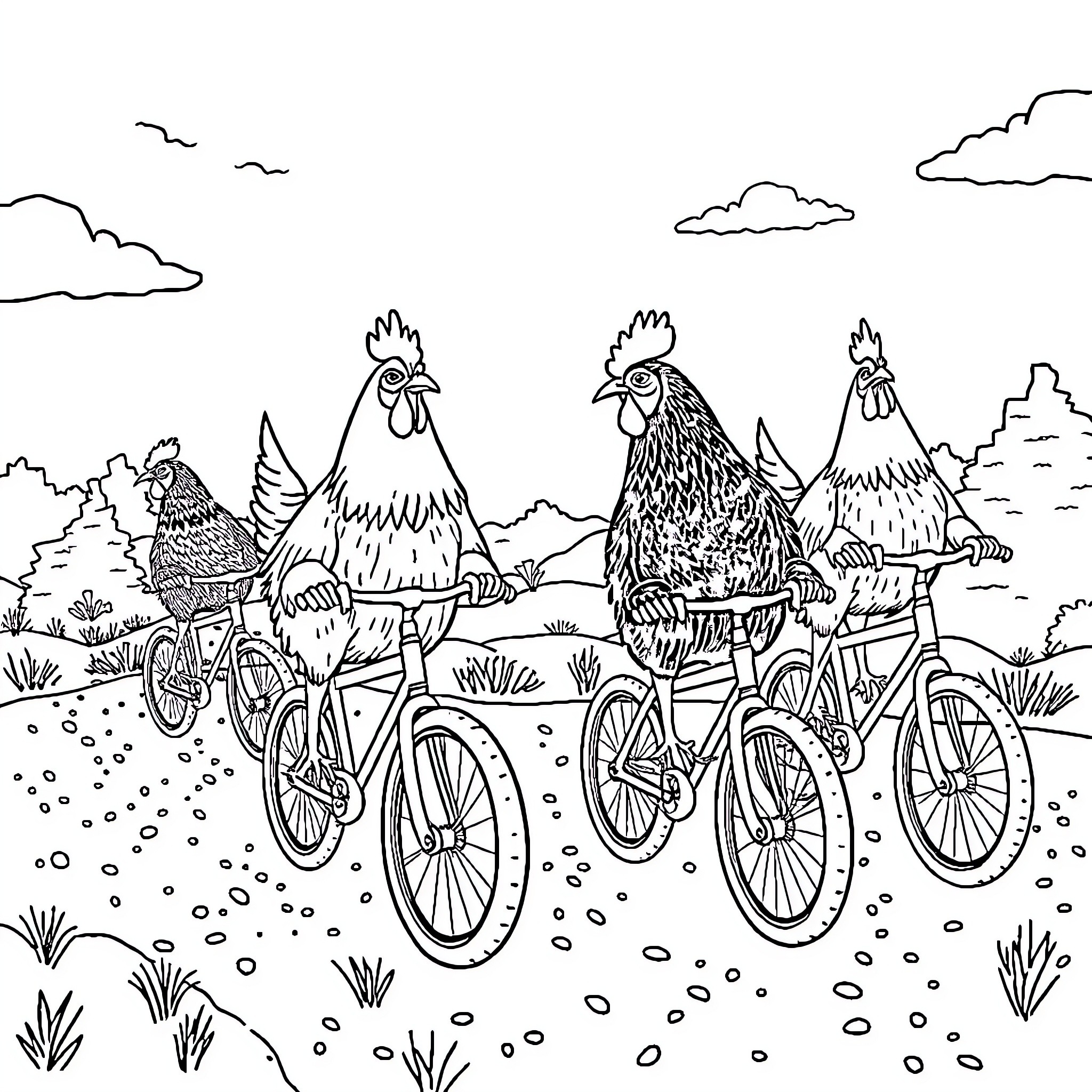 Chicken family cycling through the countryside Coloring Page (free black-and-white line drawing printable PDF for all, from beginners to advanced learners, including children, teens, adults, and seniors)