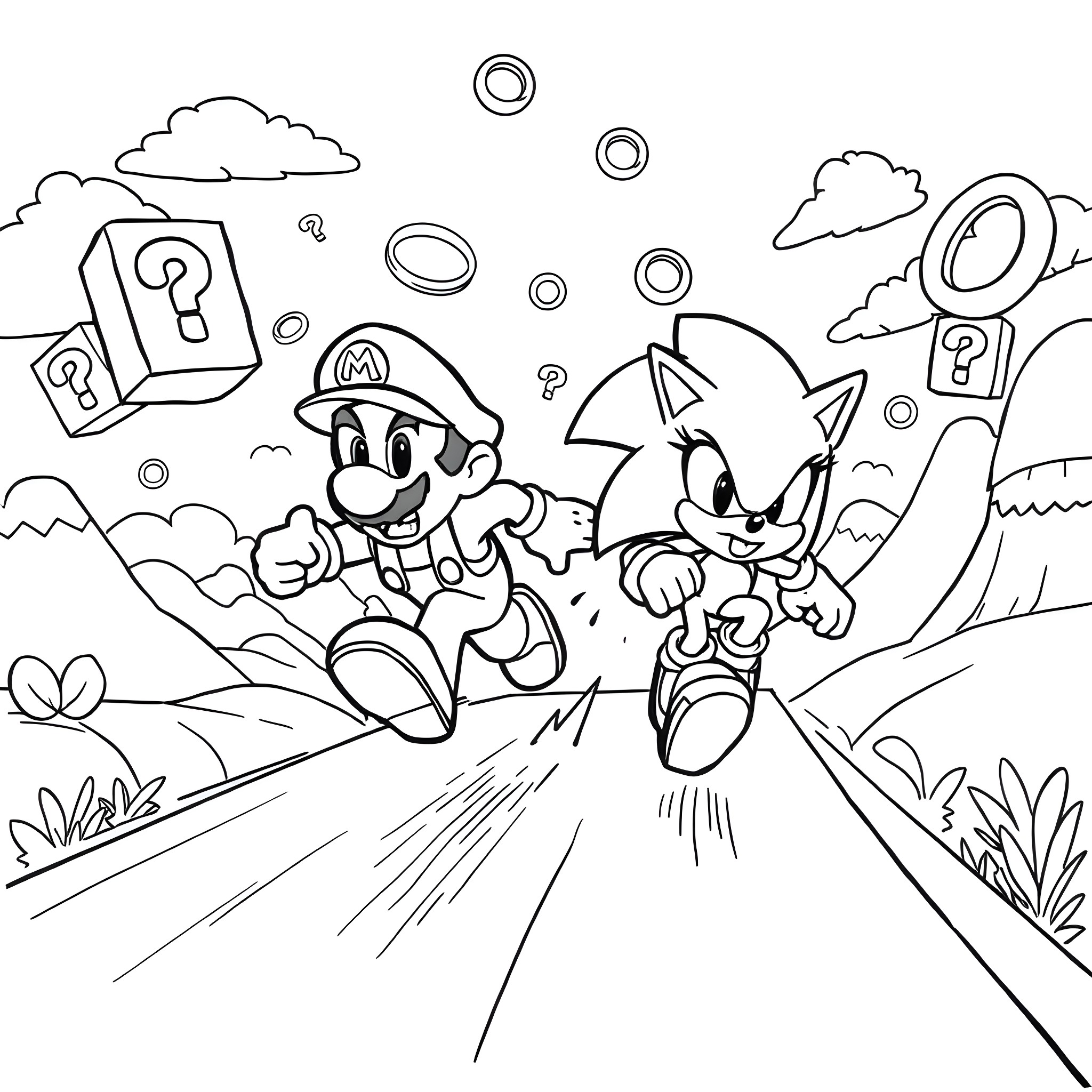 Mario and Sonic racing through a scenic adventure Coloring Page (free black-and-white line drawing printable PDF for all, from beginners to advanced learners, including children, teens, adults, and seniors)