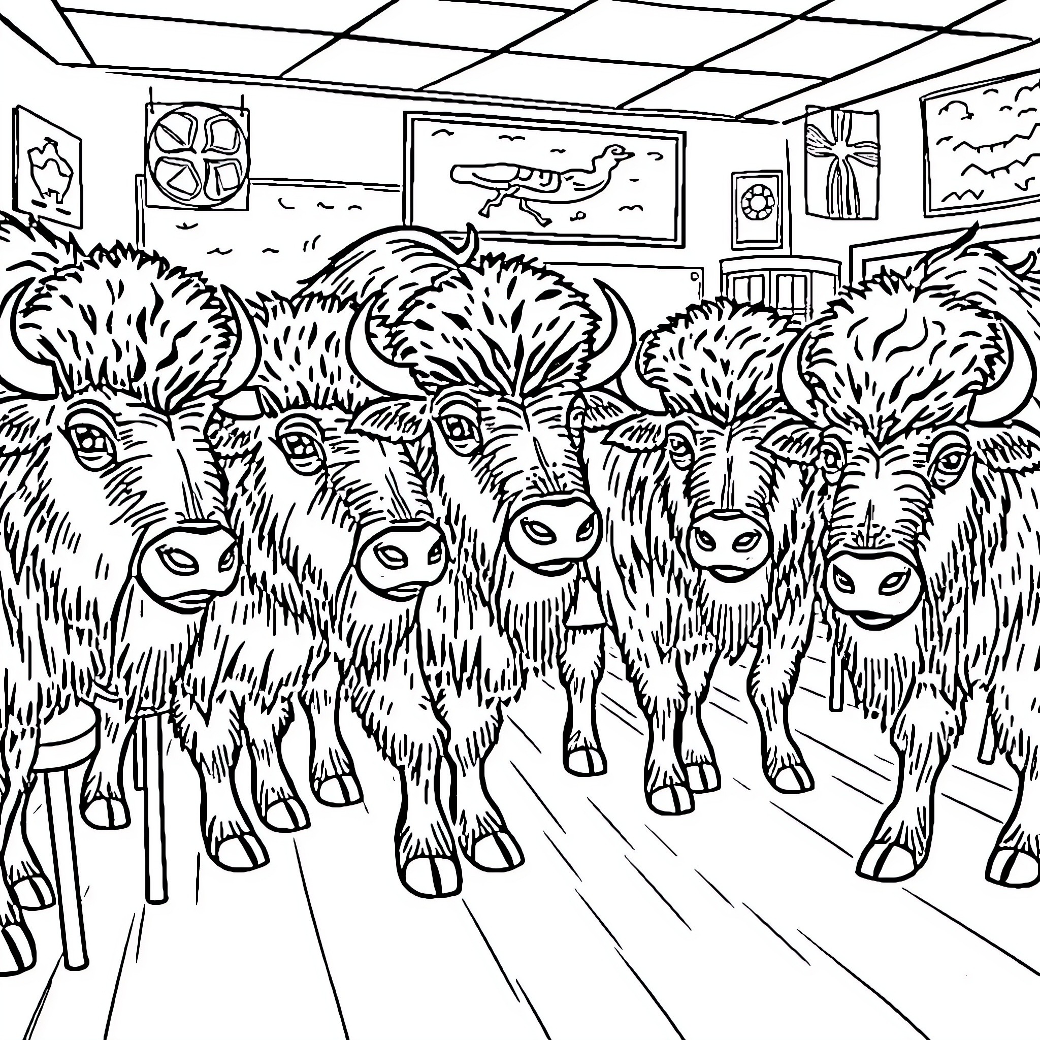 Bison herd exploring an indoor exhibit Coloring Page (free black-and-white line drawing printable PDF for all, from beginners to advanced learners, including children, teens, adults, and seniors)