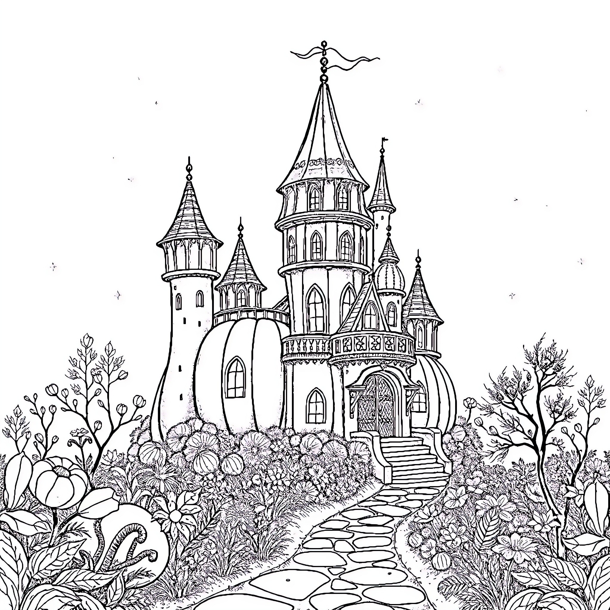 Pumpkin-inspired Enchanted Castle and Woodland Landscape Coloring Page (free black-and-white line drawing printable PDF for all, from beginners to advanced learners, including children, teens, adults, and seniors)