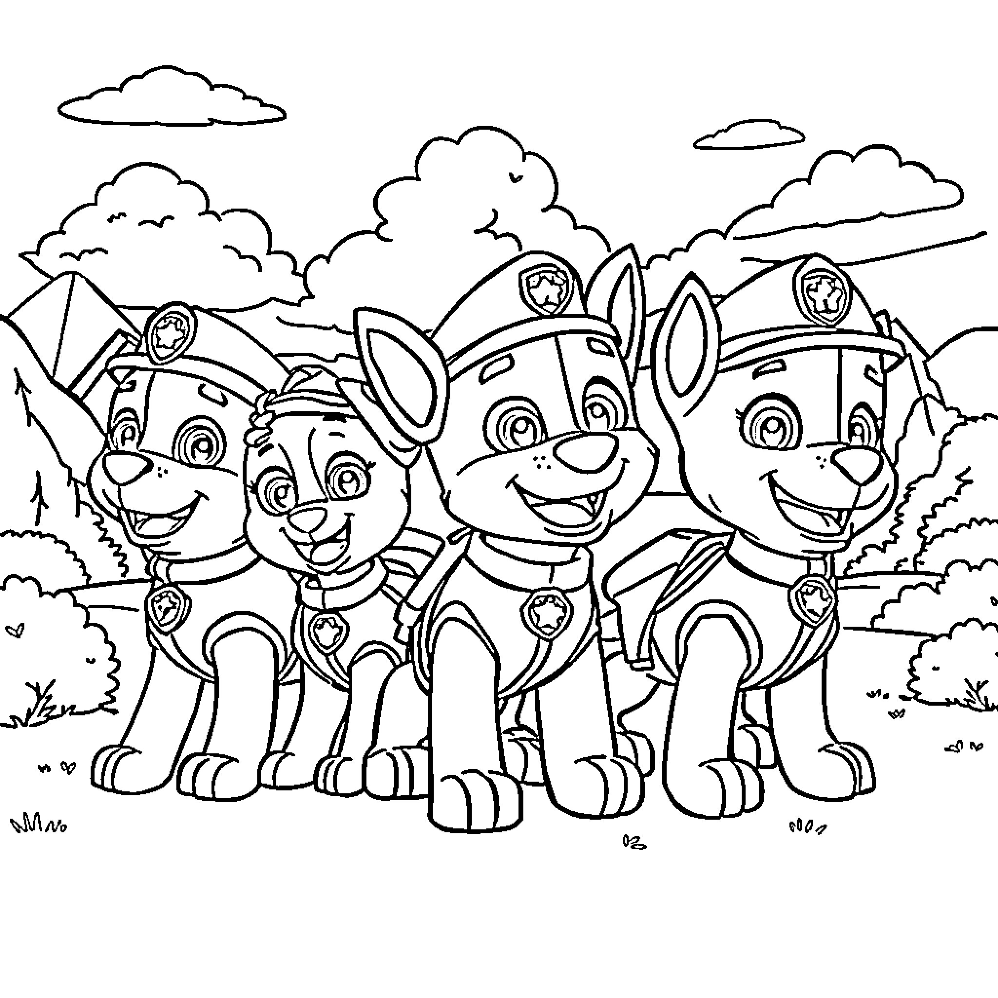 Paw Patrol puppies exploring the outdoors Coloring Page (free black-and-white line drawing printable PDF for all, from beginners to advanced learners, including children, teens, adults, and seniors)
