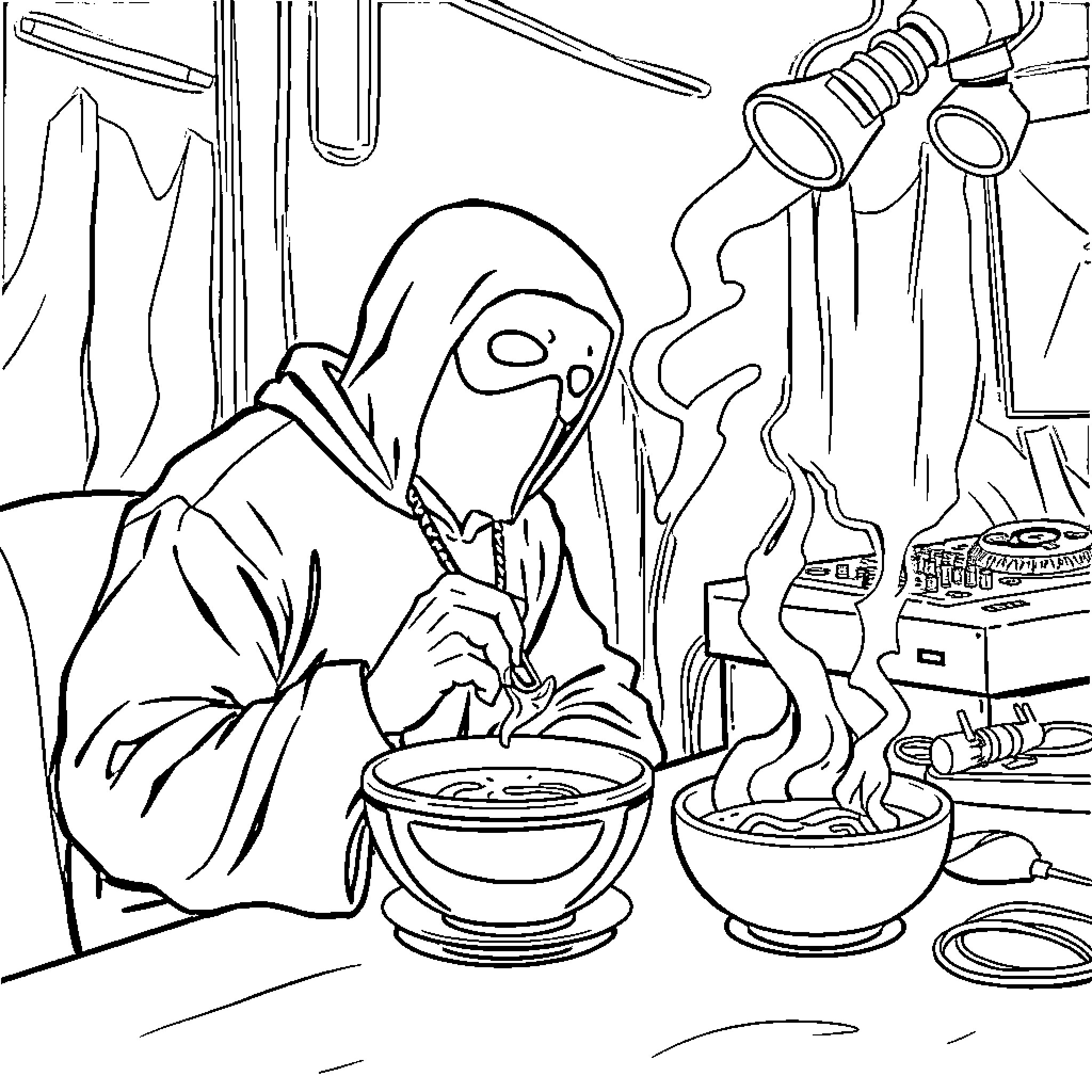 Ghostfacekilla concocts mysterious potion in dark lab Coloring Page (free black-and-white line drawing printable PDF for all, from beginners to advanced learners, including children, teens, adults, and seniors)