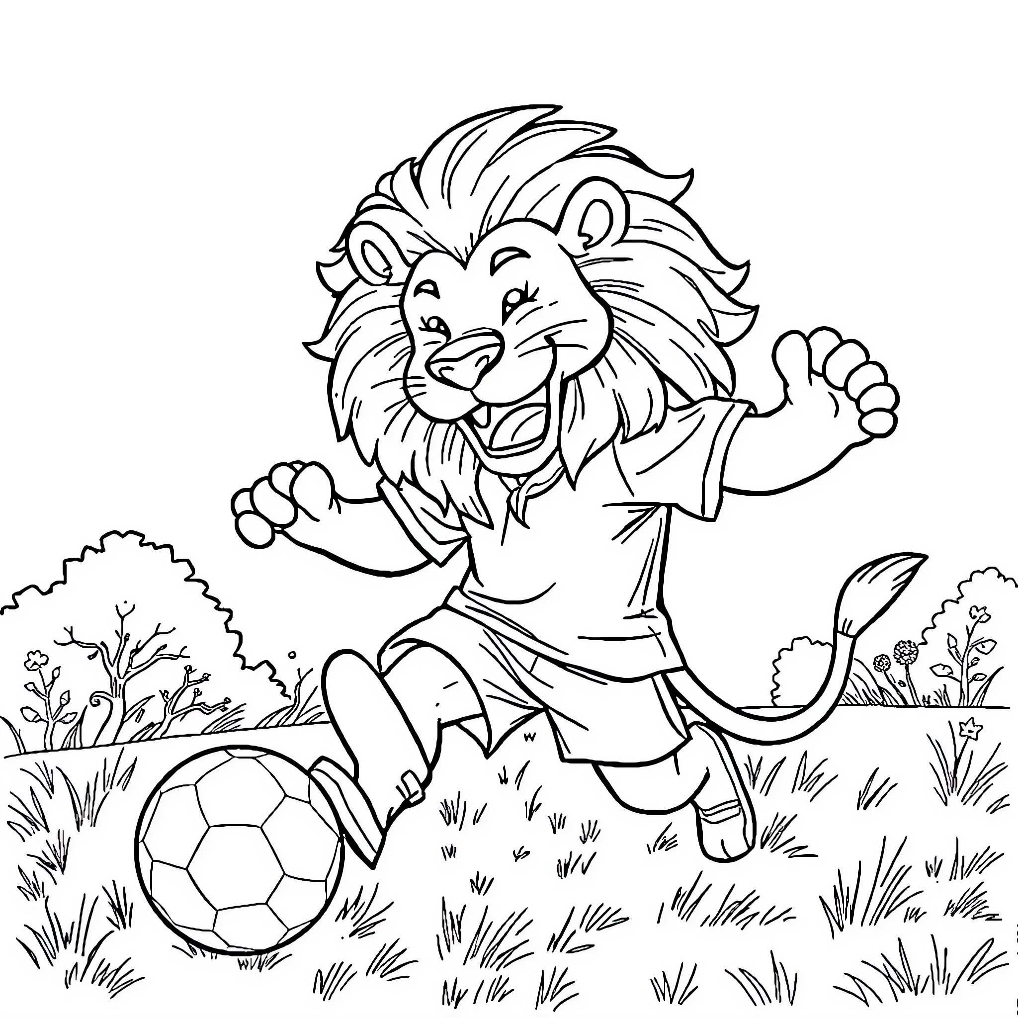 Lion playing happily with soccer ball in the park Coloring Page (free black-and-white line drawing printable PDF for all, from beginners to advanced learners, including children, teens, adults, and seniors)