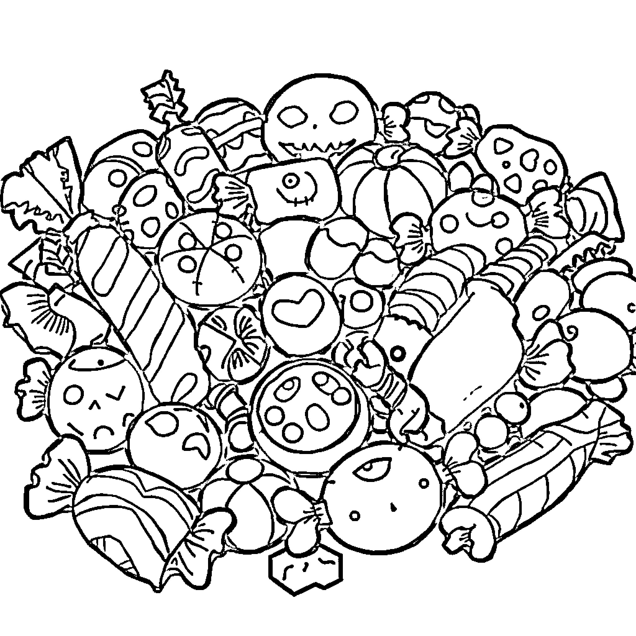 Candy doodle chaos Coloring Page (free black-and-white line drawing printable PDF for all, from beginners to advanced learners, including children, teens, adults, and seniors)