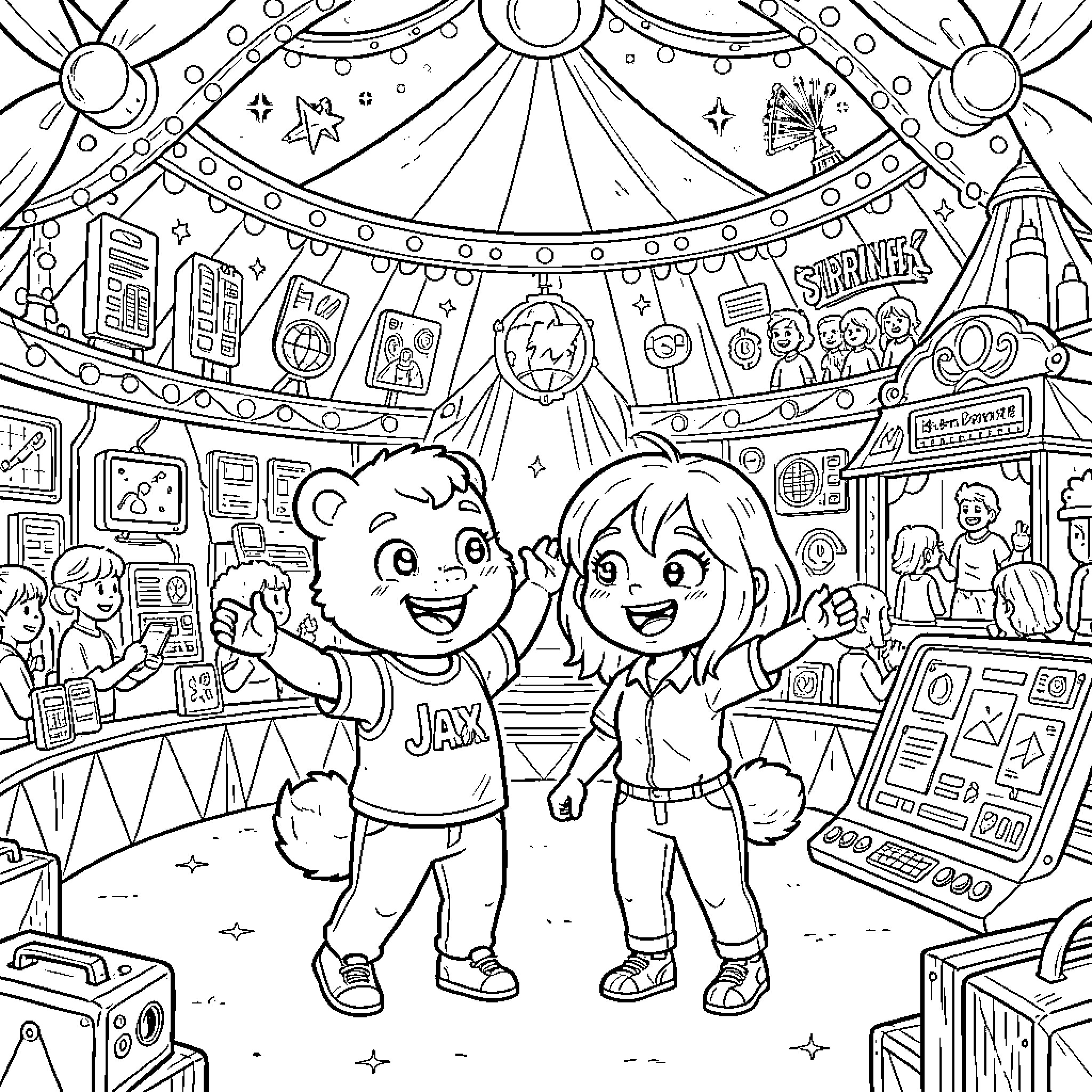 Jax and Friend Explore the Carnival Coloring Page (free black-and-white line drawing printable PDF for all, from beginners to advanced learners, including children, teens, adults, and seniors)