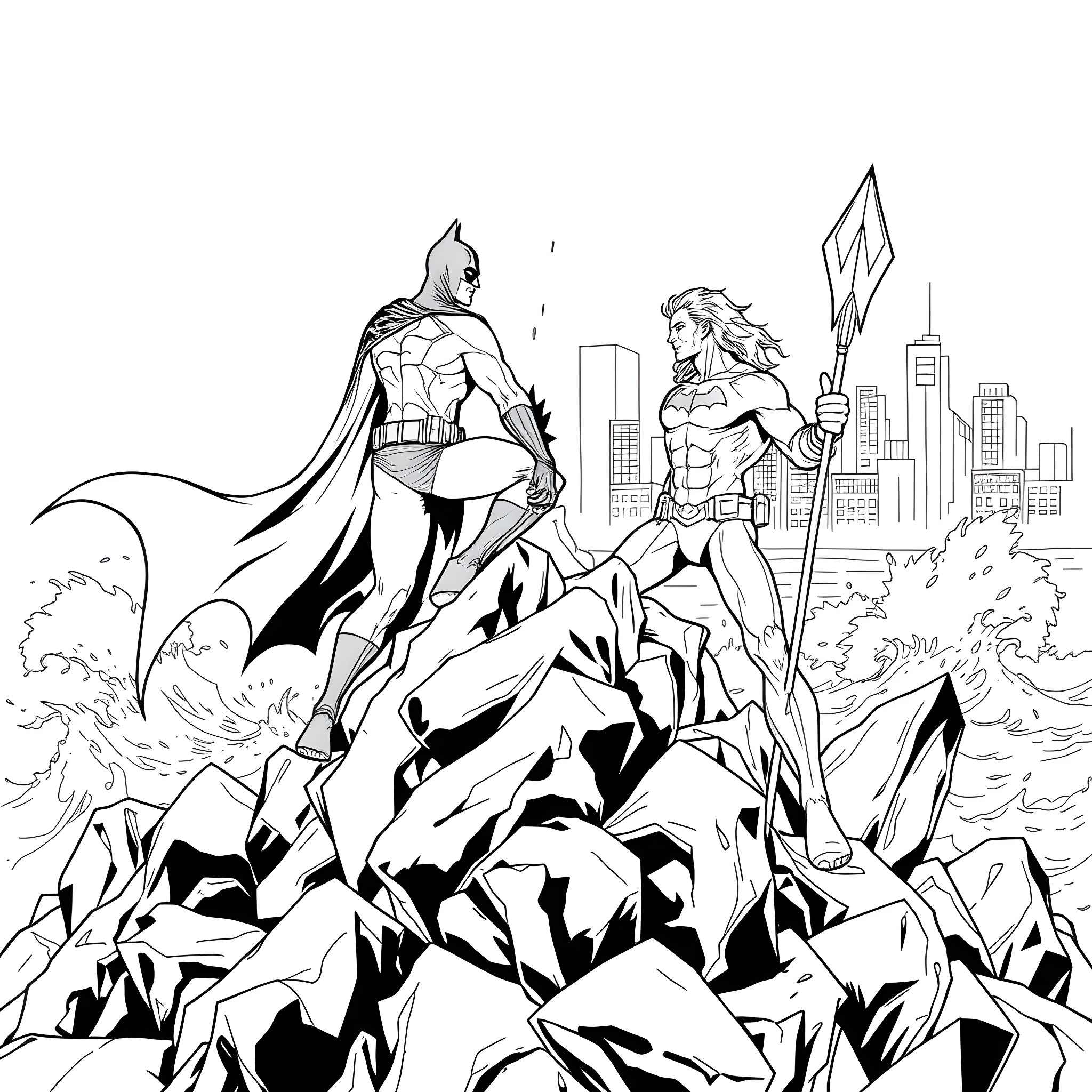 Batman and Superhero Champion Pose on Rugged Terrain Coloring Page (free black-and-white line drawing printable PDF for all, from beginners to advanced learners, including children, teens, adults, and seniors)