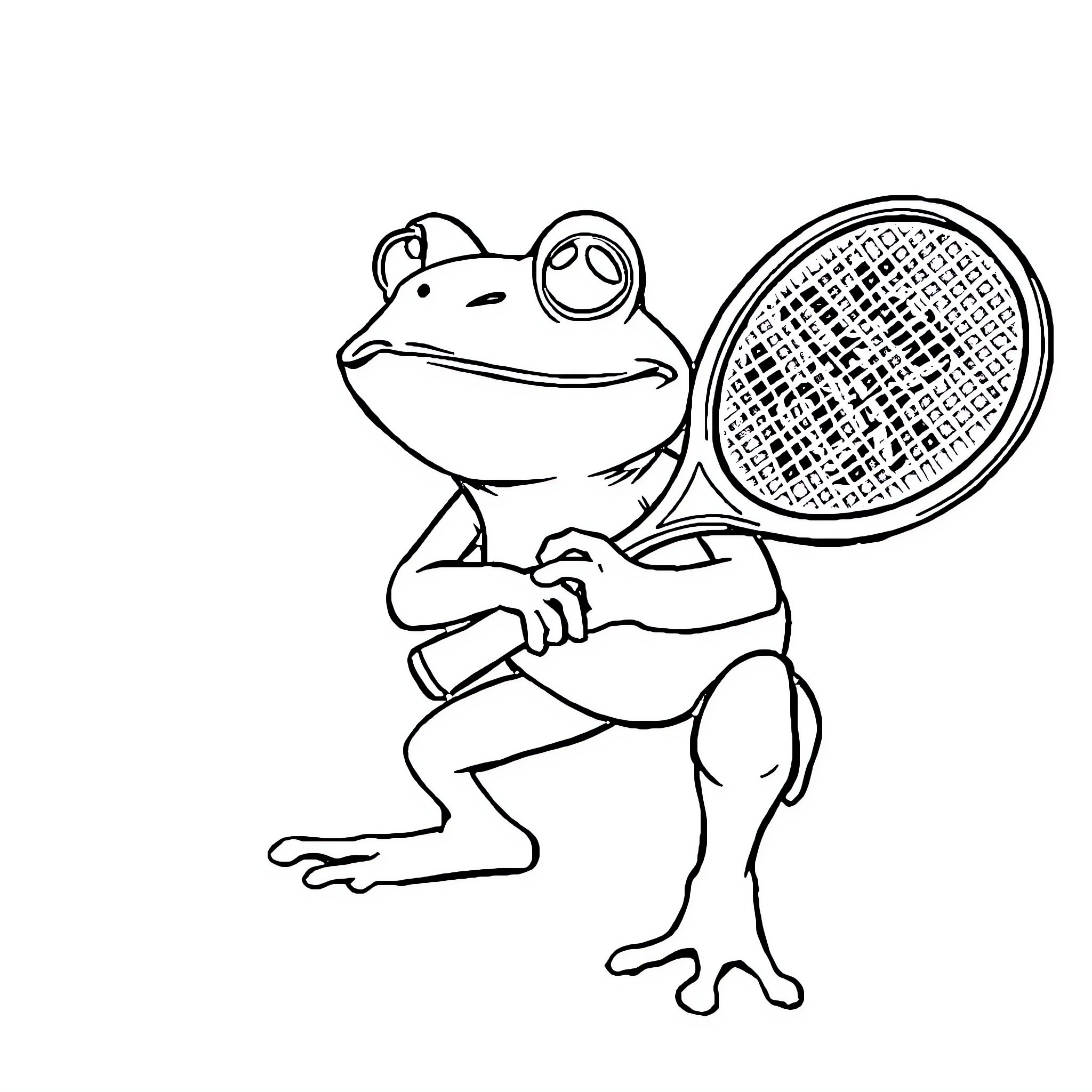 Pepe the frog playing tennis Coloring Page (free black-and-white line drawing printable PDF for all, from beginners to advanced learners, including children, teens, adults, and seniors)