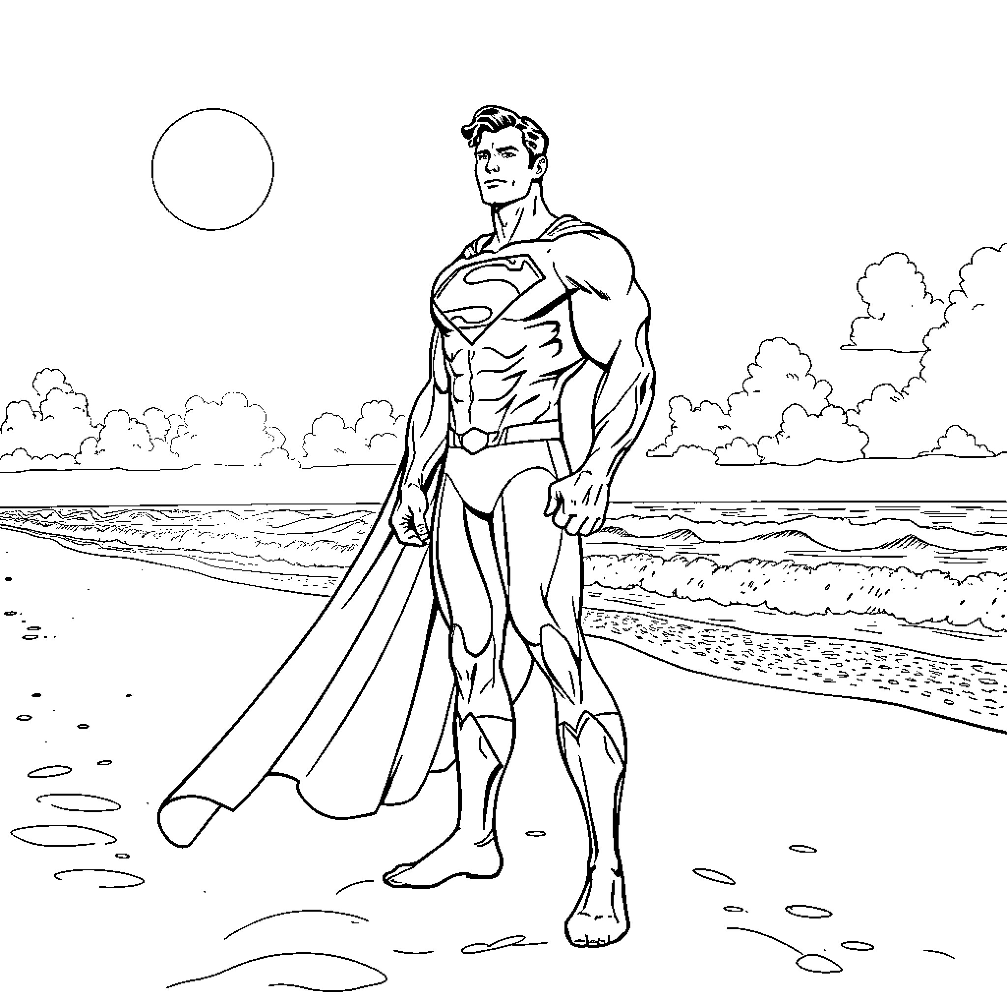 Superman standing heroically on the beach Coloring Page (free black-and-white line drawing printable PDF for all, from beginners to advanced learners, including children, teens, adults, and seniors)
