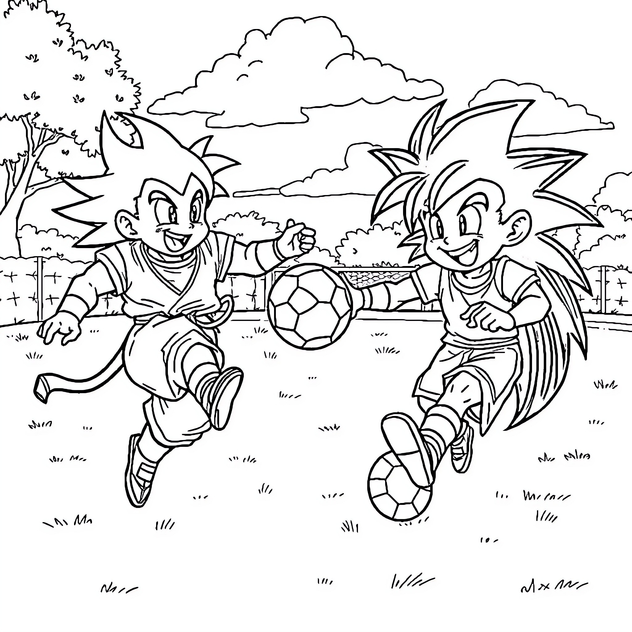 Gohan and Goku playing soccer in the field Coloring Page (free black-and-white line drawing printable PDF for all, from beginners to advanced learners, including children, teens, adults, and seniors)