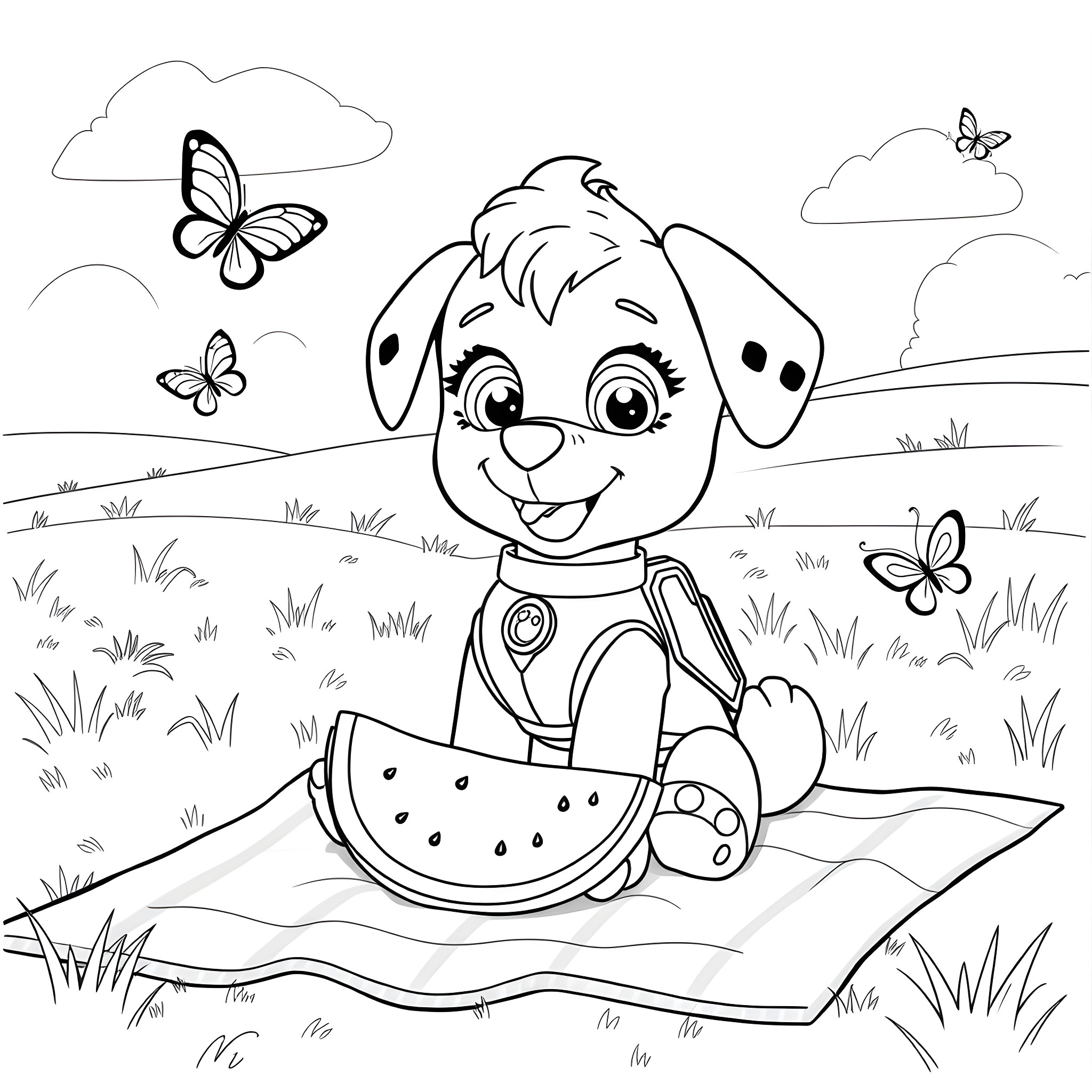 Sky Puppy enjoys watermelon on a grassy field Coloring Page (free black-and-white line drawing printable PDF for all, from beginners to advanced learners, including children, teens, adults, and seniors)