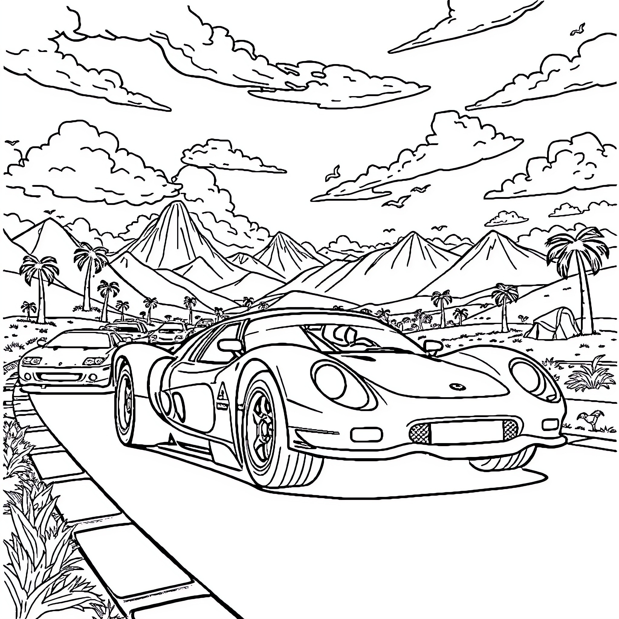 Stick Speeding Sports Car Through Tropical Landscape Coloring Page (free black-and-white line drawing printable PDF for all, from beginners to advanced learners, including children, teens, adults, and seniors)