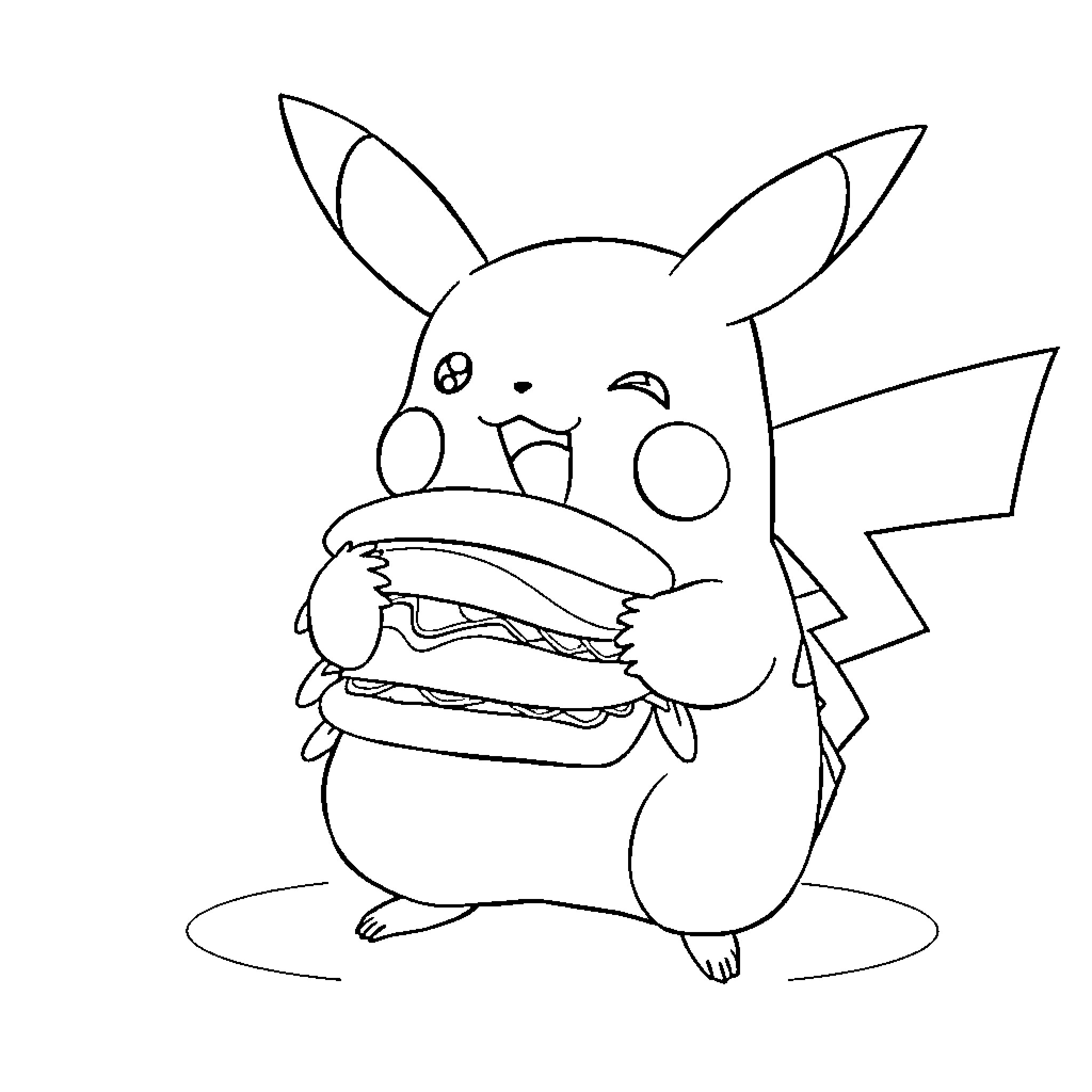 Pikachu enjoying a big hamburger Coloring Page (free black-and-white line drawing printable PDF for all, from beginners to advanced learners, including children, teens, adults, and seniors)