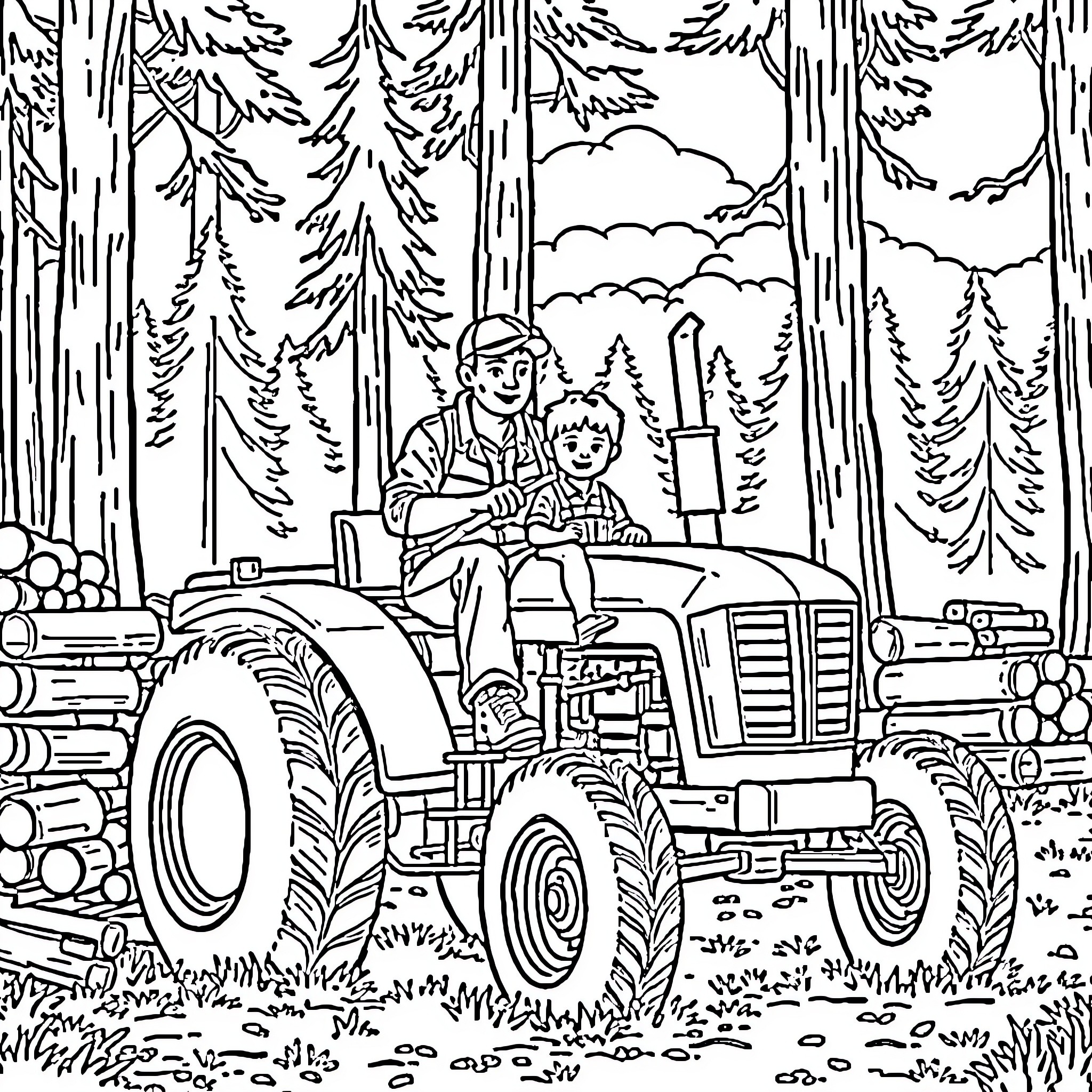 Tractor ride through the forest Coloring Page (free black-and-white line drawing printable PDF for all, from beginners to advanced learners, including children, teens, adults, and seniors)