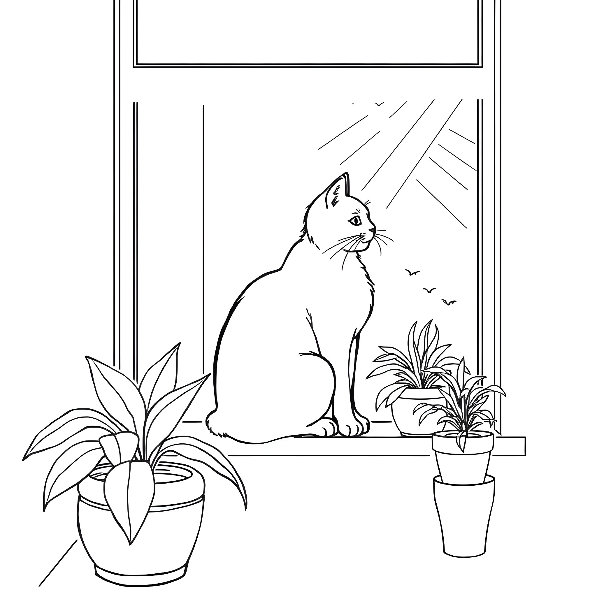 Cat sitting calmly on window sill with plants Coloring Page (free black-and-white line drawing printable PDF for all, from beginners to advanced learners, including children, teens, adults, and seniors)