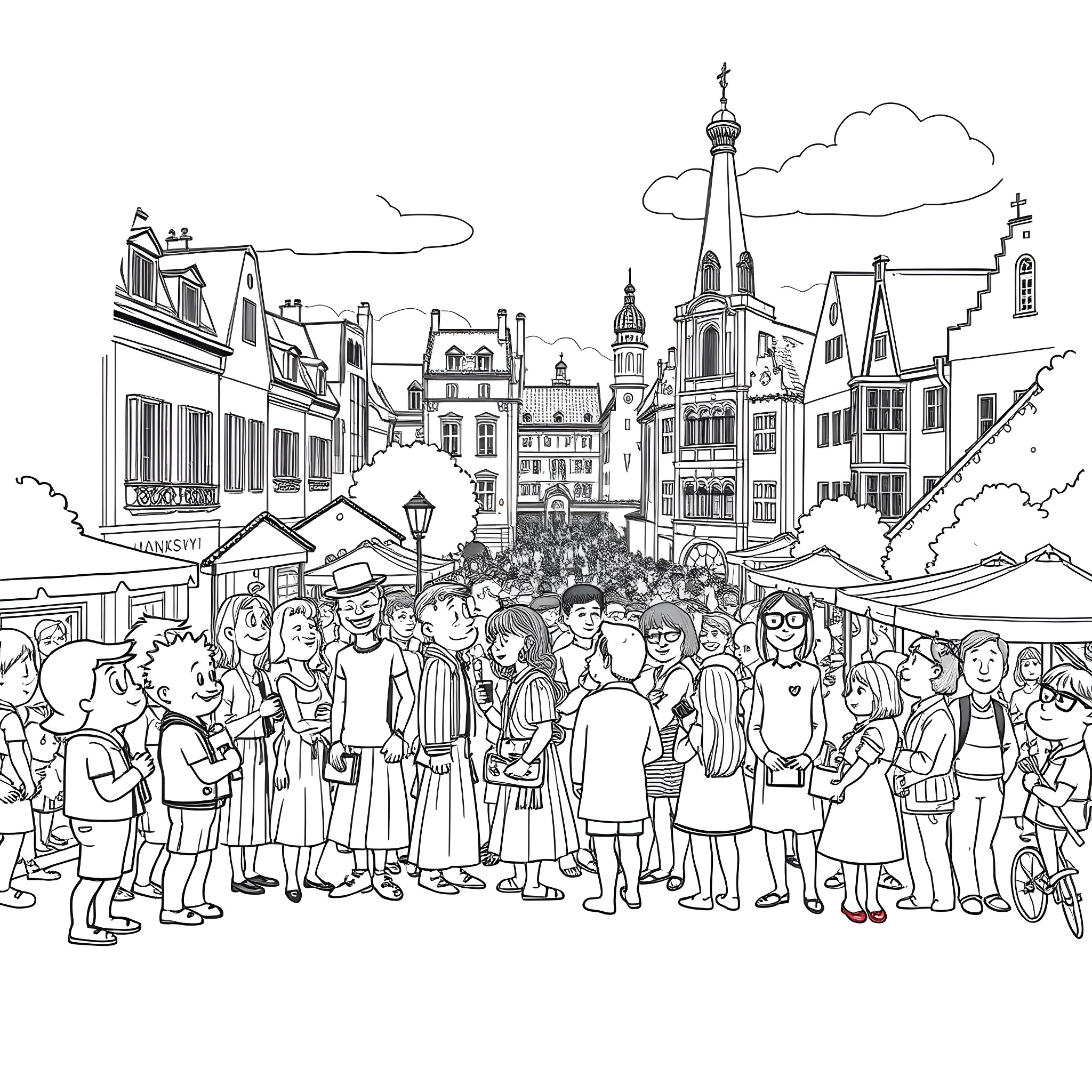 Mondstadt Character Gathering in the Bustling City Coloring Page (free black-and-white line drawing printable PDF for all, from beginners to advanced learners, including children, teens, adults, and seniors)