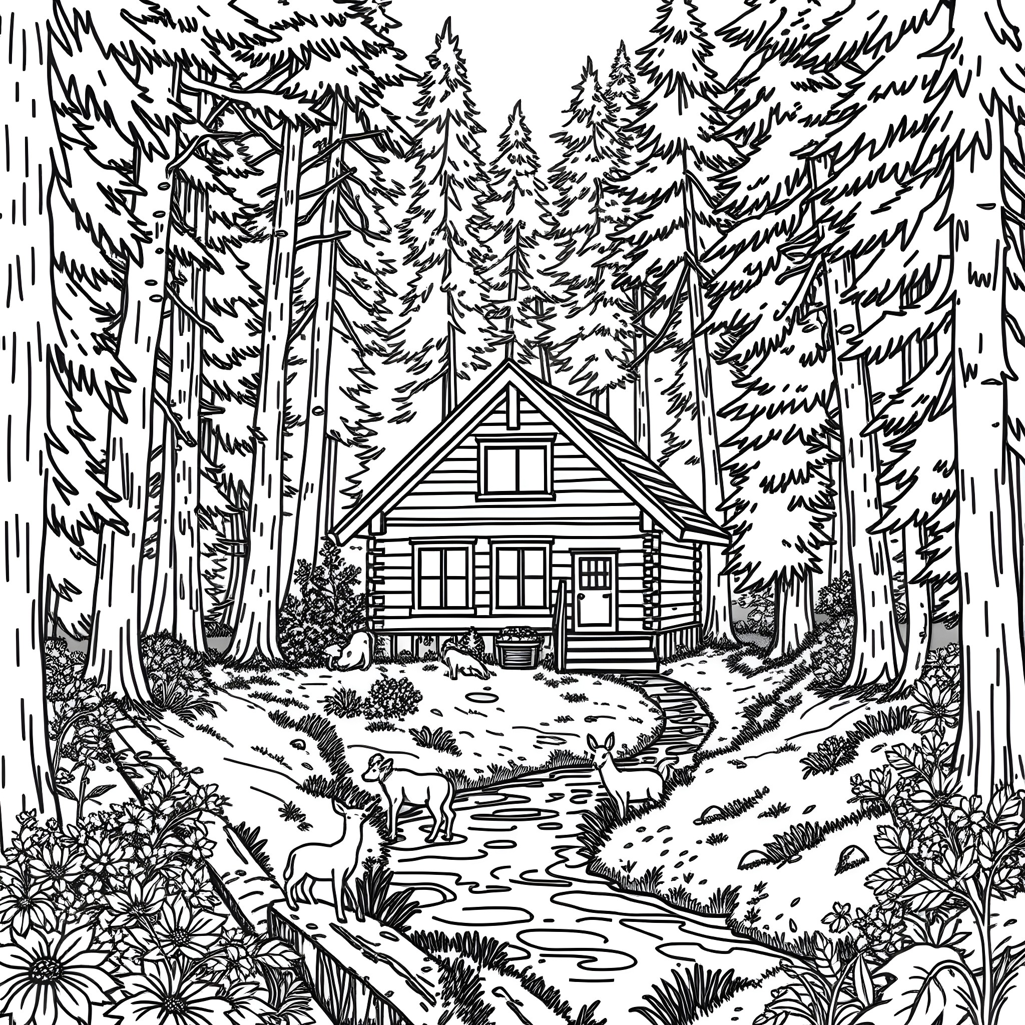 Log Cabin in Serene Woodland Landscape Coloring Page (free black-and-white line drawing printable PDF for all, from beginners to advanced learners, including children, teens, adults, and seniors)