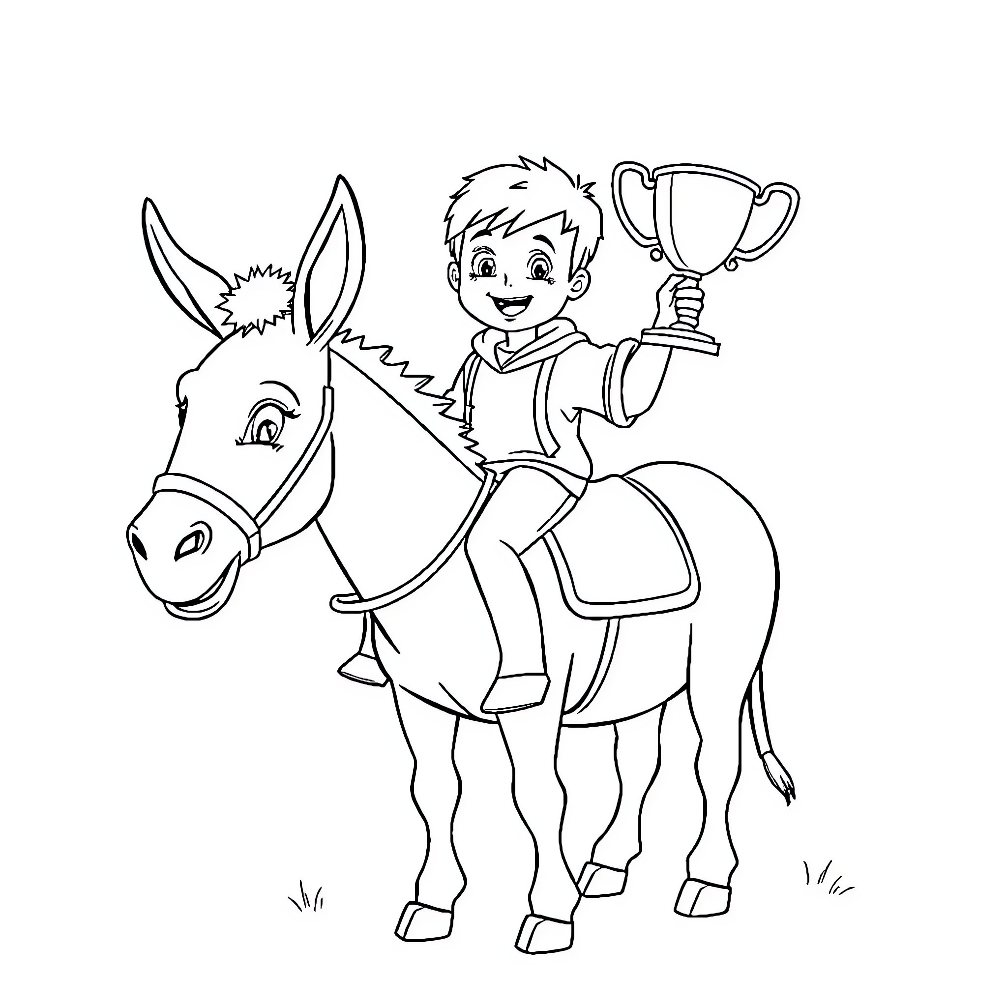 Student Riding a Donkey and Holding a Trophy Coloring Page (free black-and-white line drawing printable PDF for all, from beginners to advanced learners, including children, teens, adults, and seniors)