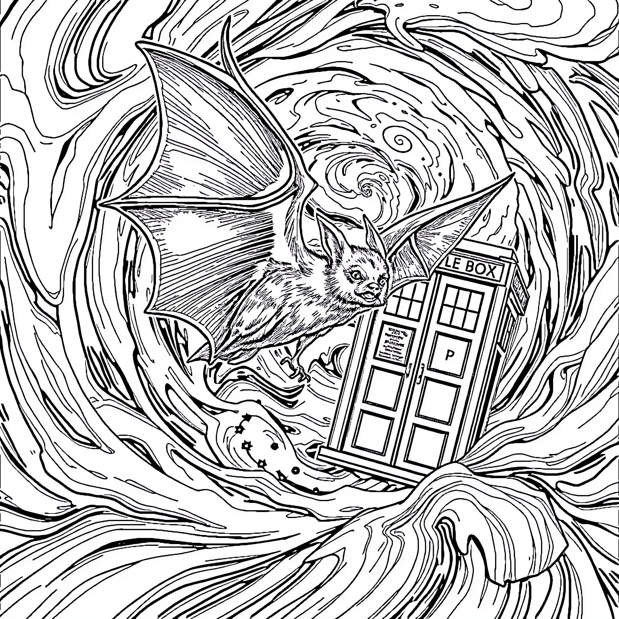Bat taking flight near a mysterious box Coloring Page (free black-and-white line drawing printable PDF for all, from beginners to advanced learners, including children, teens, adults, and seniors)