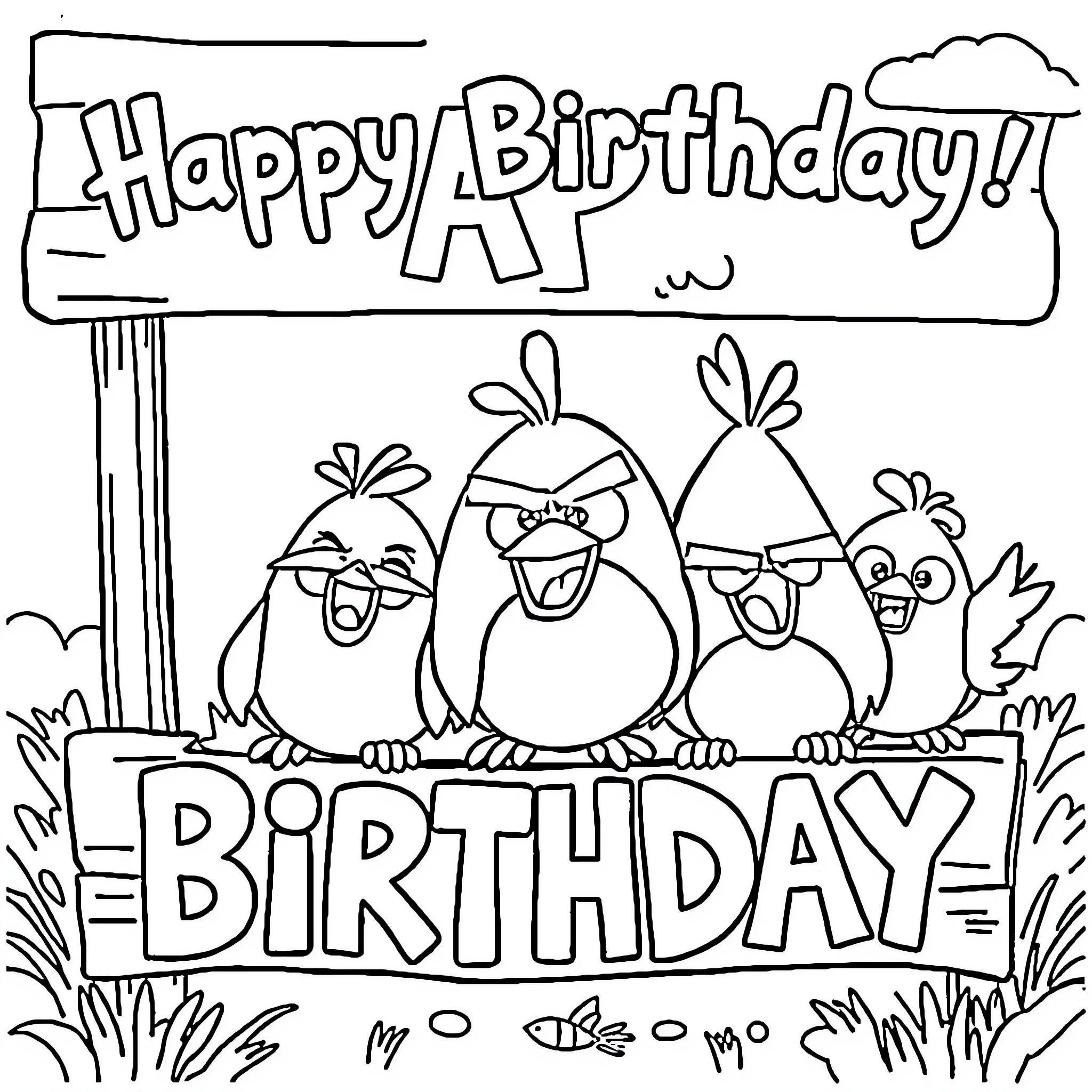 Birds celebrating a happy birthday party Coloring Page (free black-and-white line drawing printable PDF for all, from beginners to advanced learners, including children, teens, adults, and seniors)