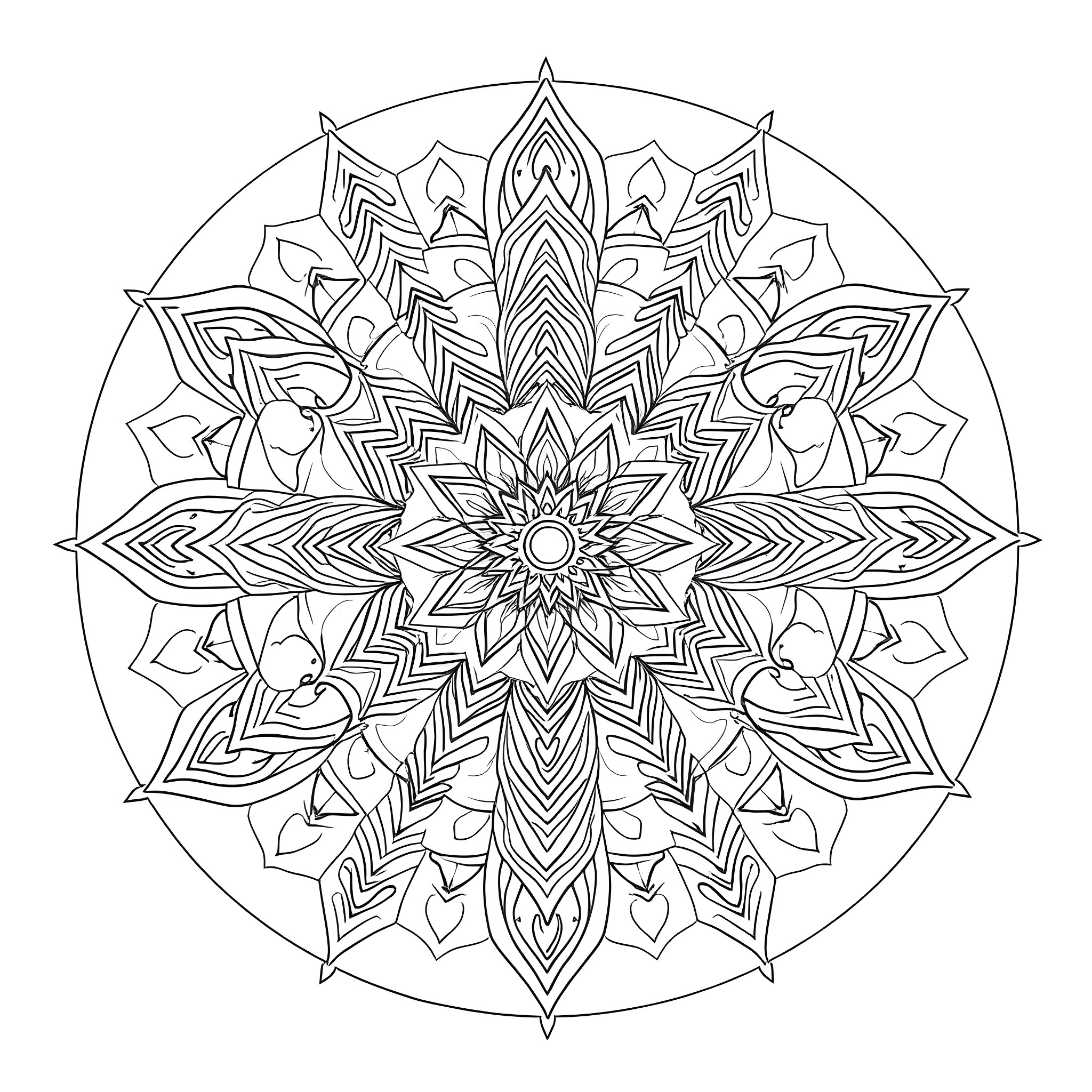 Mandala with intricate floral and geometric patterns Coloring Page (free black-and-white line drawing printable PDF for all, from beginners to advanced learners, including children, teens, adults, and seniors)