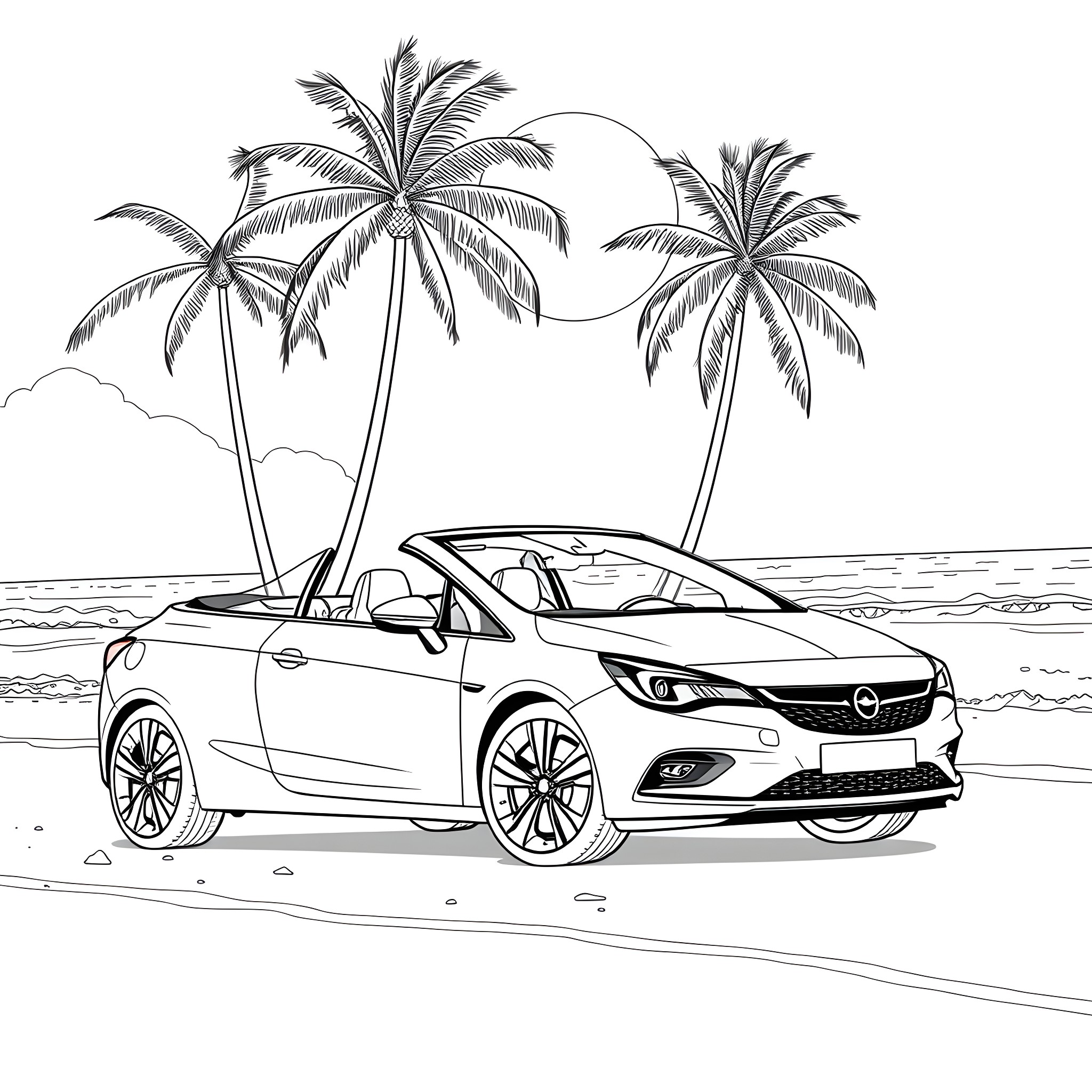 Opel Astra cabriolet on tropical beach Coloring Page (free black-and-white line drawing printable PDF for all, from beginners to advanced learners, including children, teens, adults, and seniors)