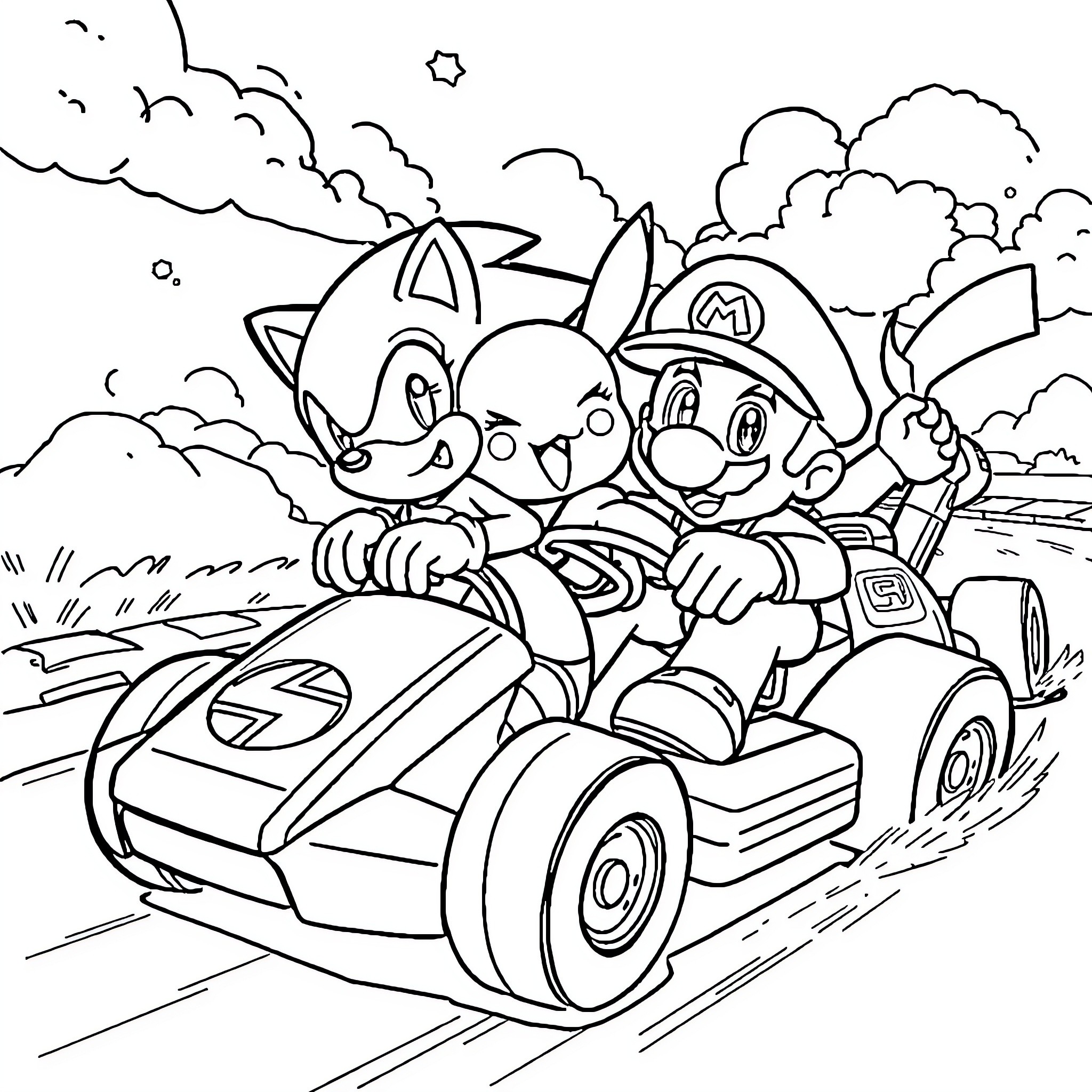 Video Game Characters Driving a Kart on the Road Coloring Page (free black-and-white line drawing printable PDF for all, from beginners to advanced learners, including children, teens, adults, and seniors)