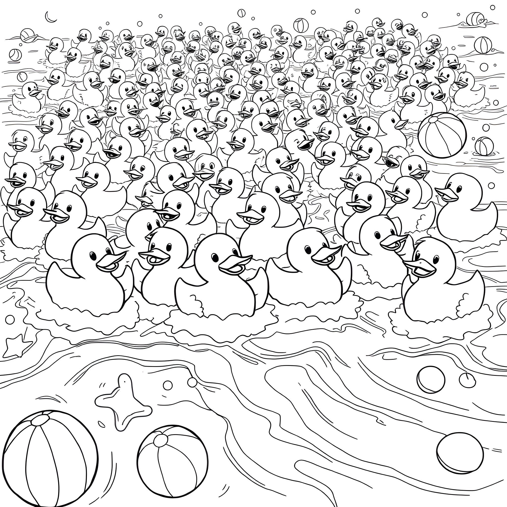 Rubber Duck Parade in a Whimsical Underwater Scene Coloring Page (free black-and-white line drawing printable PDF for all, from beginners to advanced learners, including children, teens, adults, and seniors)