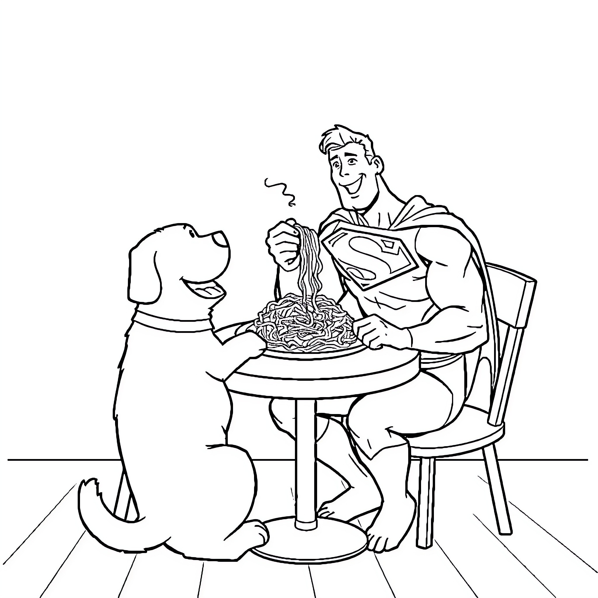 Superman enjoying a meal with his dog companion Coloring Page (free black-and-white line drawing printable PDF for all, from beginners to advanced learners, including children, teens, adults, and seniors)