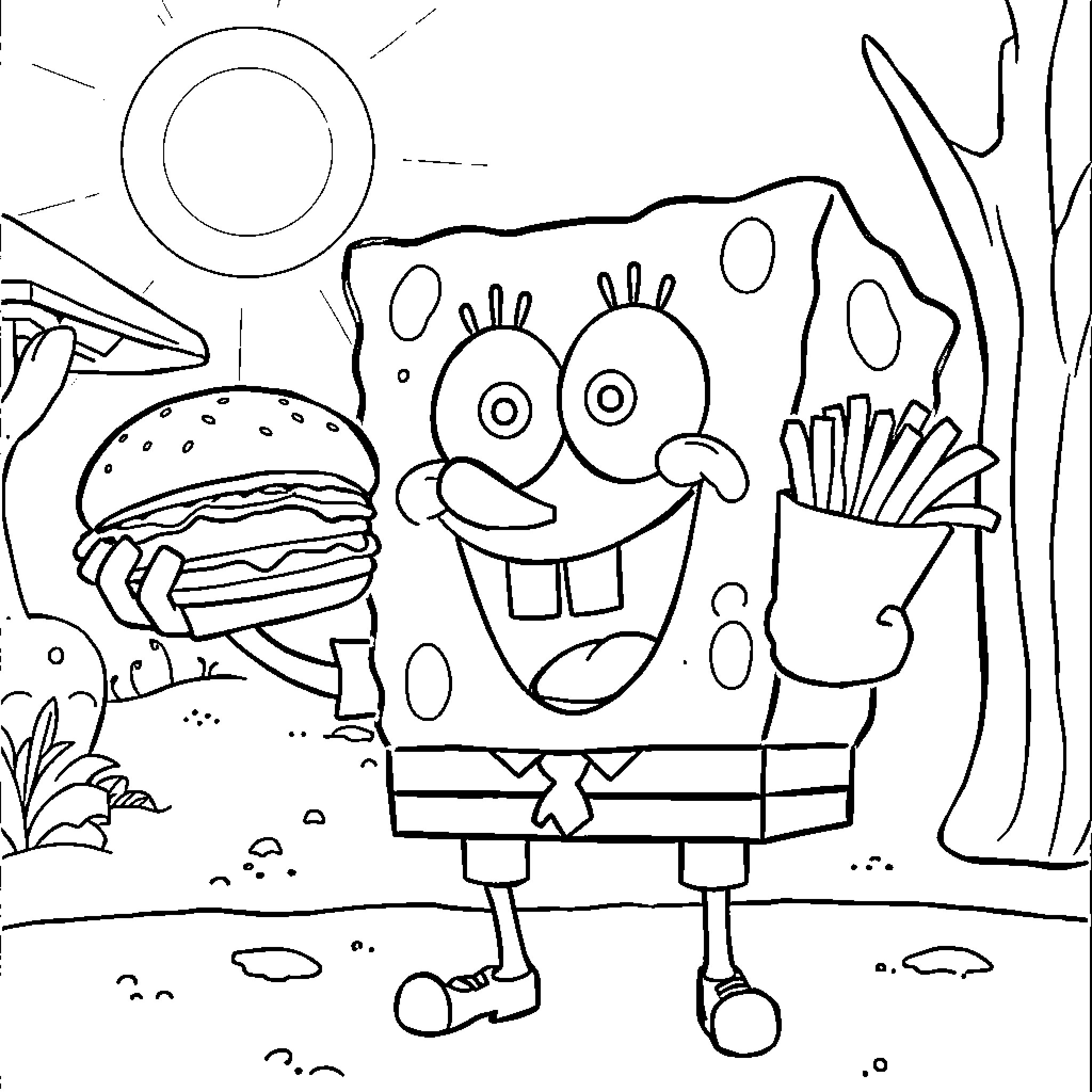Spongebob's Underwater Burger Adventure Coloring Page (free black-and-white line drawing printable PDF for all, from beginners to advanced learners, including children, teens, adults, and seniors)