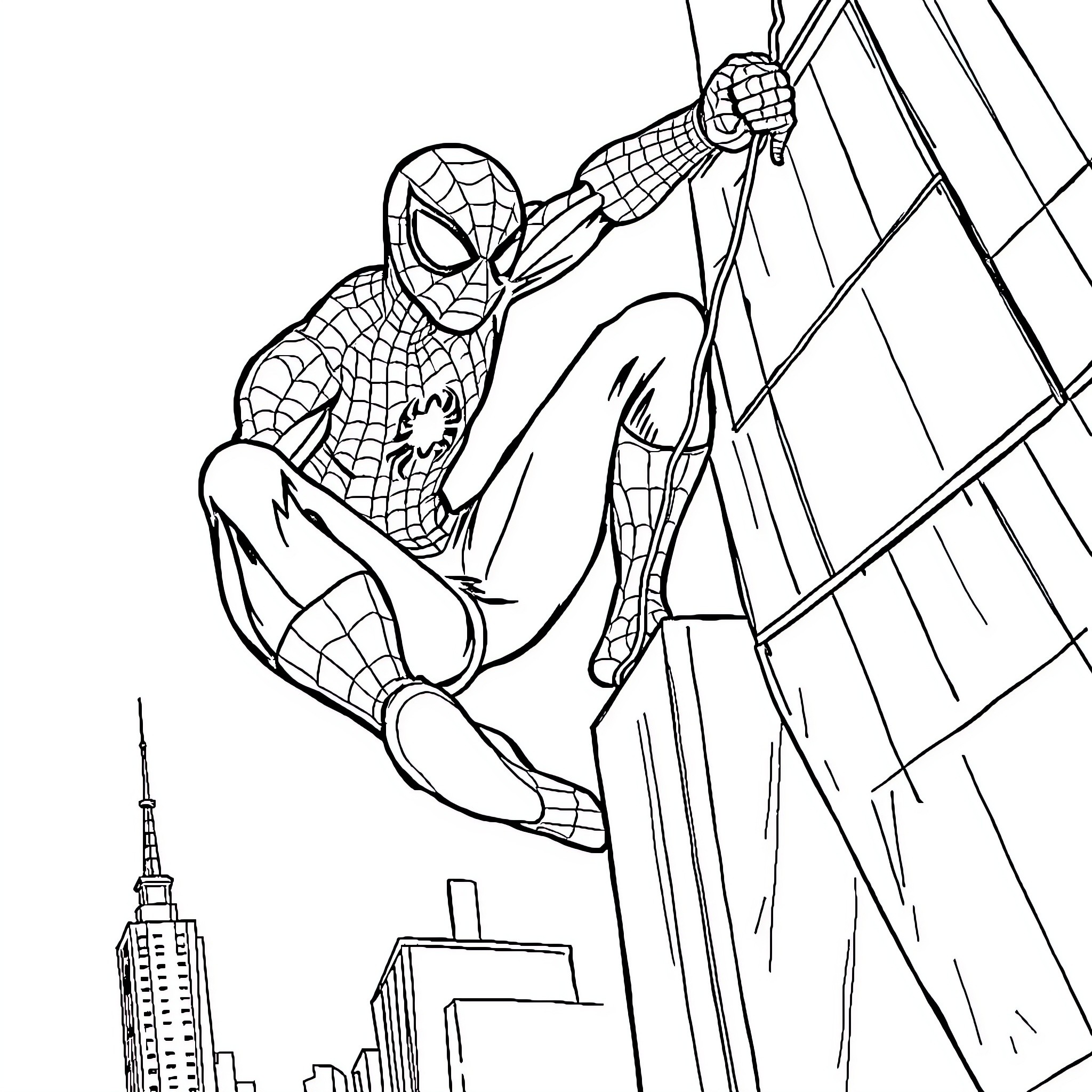 Spiderman swinging through the city skyline Coloring Page (free black-and-white line drawing printable PDF for all, from beginners to advanced learners, including children, teens, adults, and seniors)