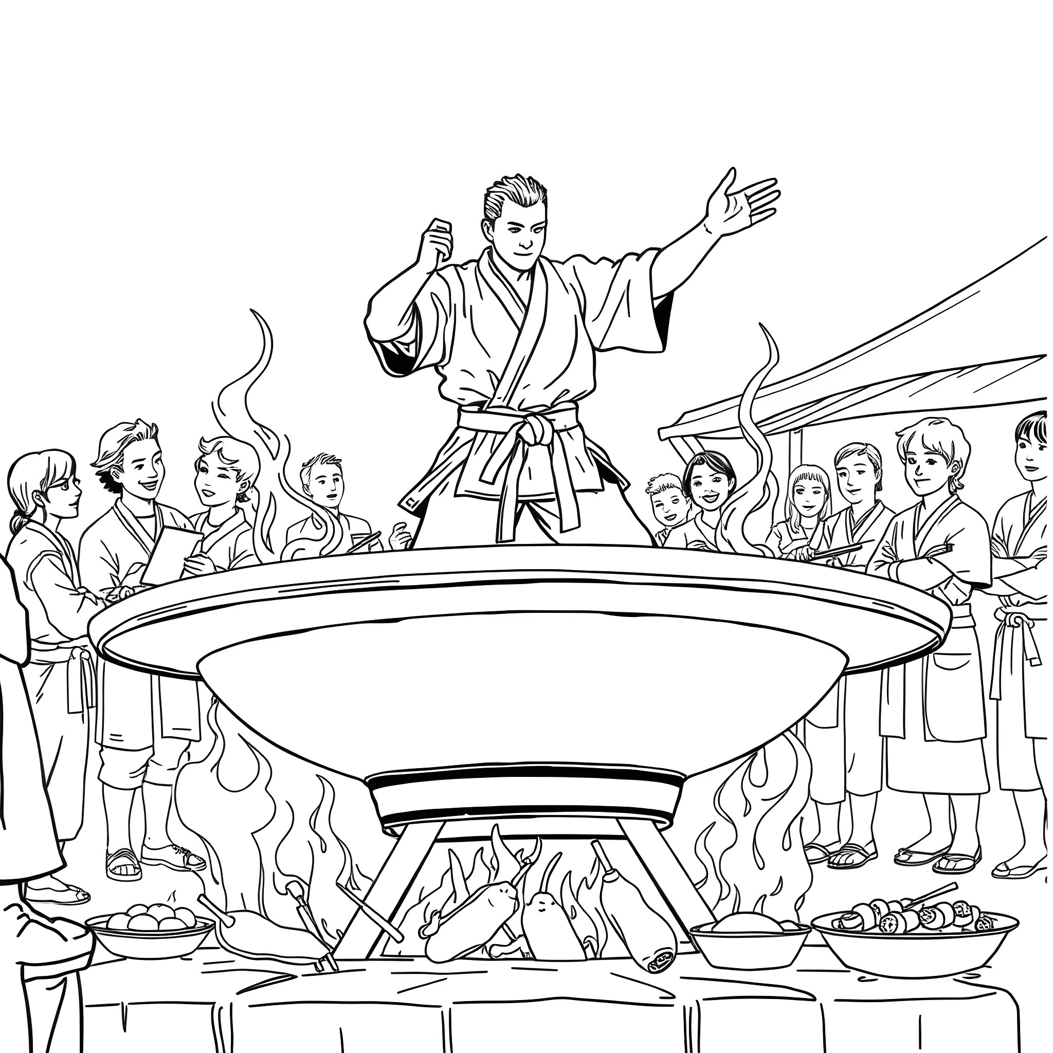 Judoka performing martial arts demonstration for audience Coloring Page (free black-and-white line drawing printable PDF for all, from beginners to advanced learners, including children, teens, adults, and seniors)