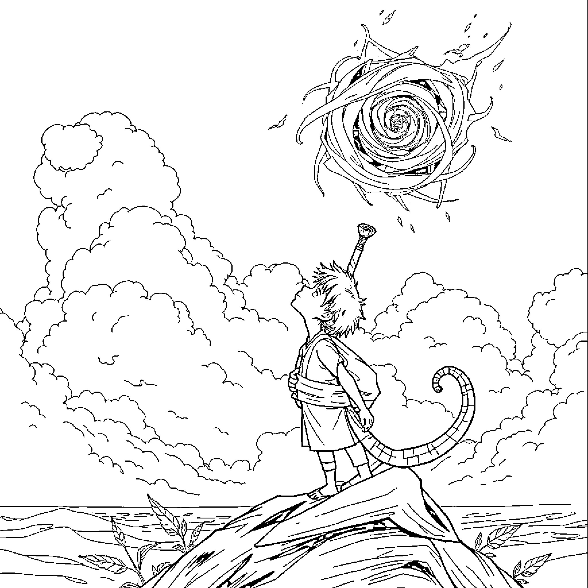 Kai facing the swirling rose in the cloudy sky Coloring Page (free black-and-white line drawing printable PDF for all, from beginners to advanced learners, including children, teens, adults, and seniors)