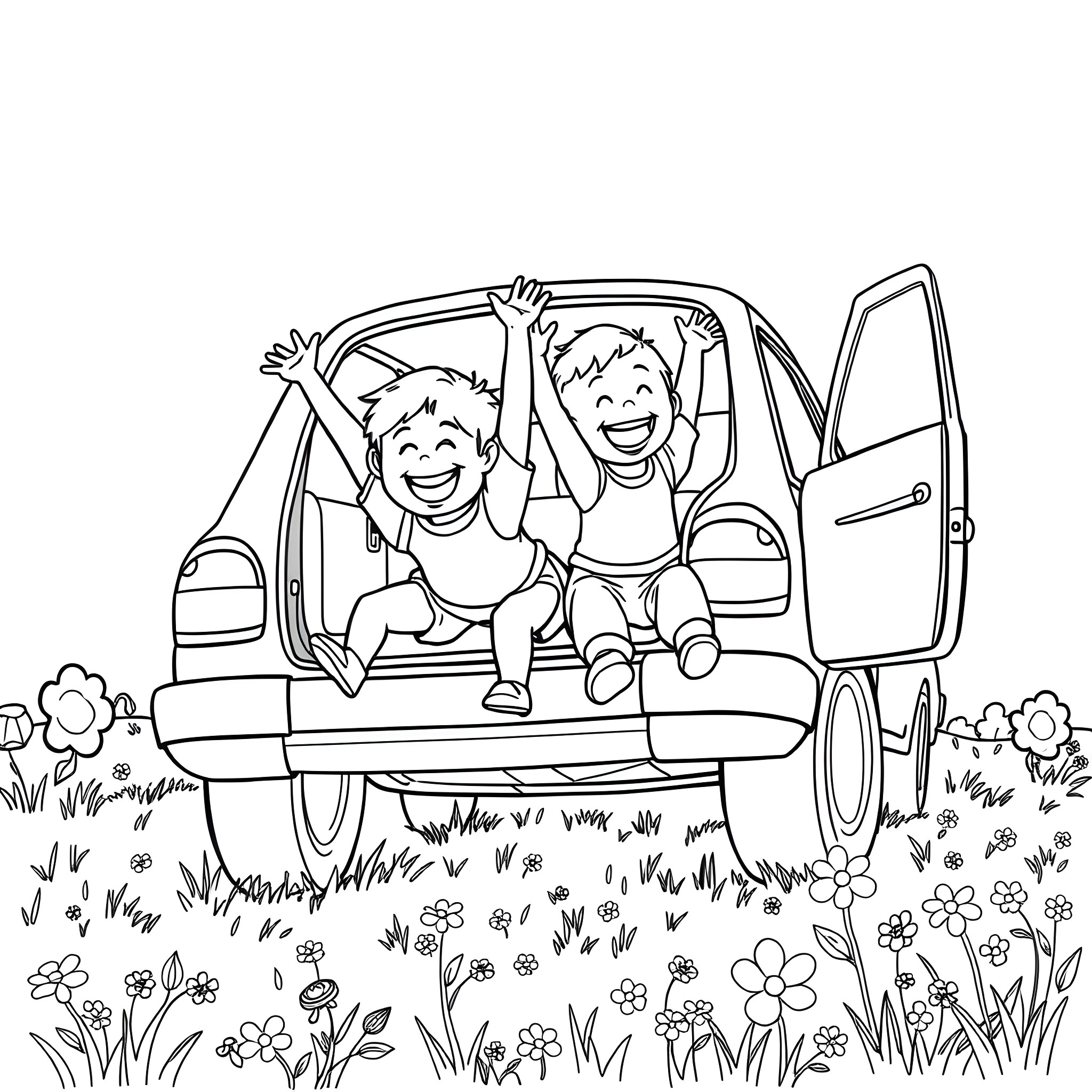 Kids having fun in a car Coloring Page (free black-and-white line drawing printable PDF for all, from beginners to advanced learners, including children, teens, adults, and seniors)