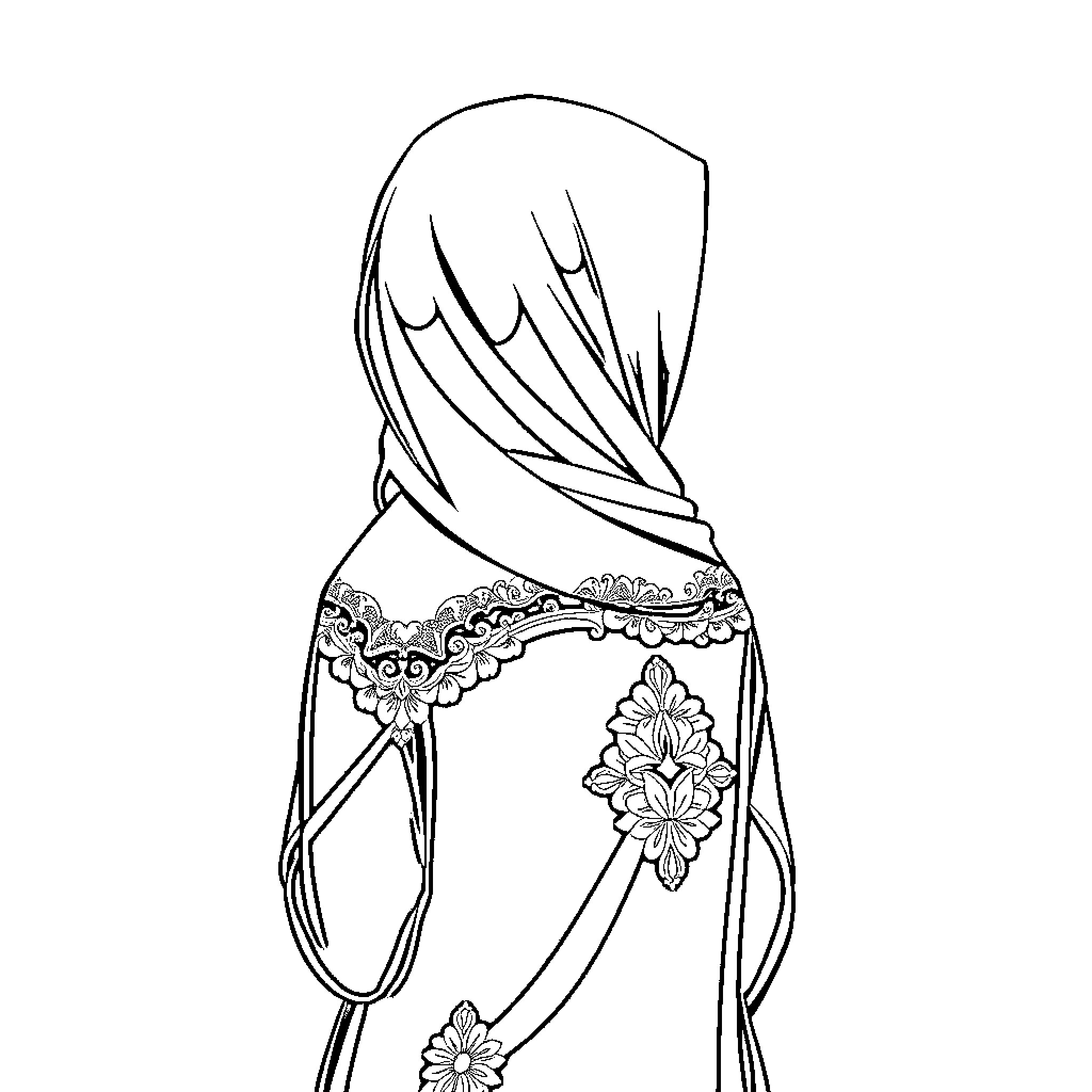 Anak Perempuan in Traditional Floral Attire Coloring Page (free black-and-white line drawing printable PDF for all, from beginners to advanced learners, including children, teens, adults, and seniors)