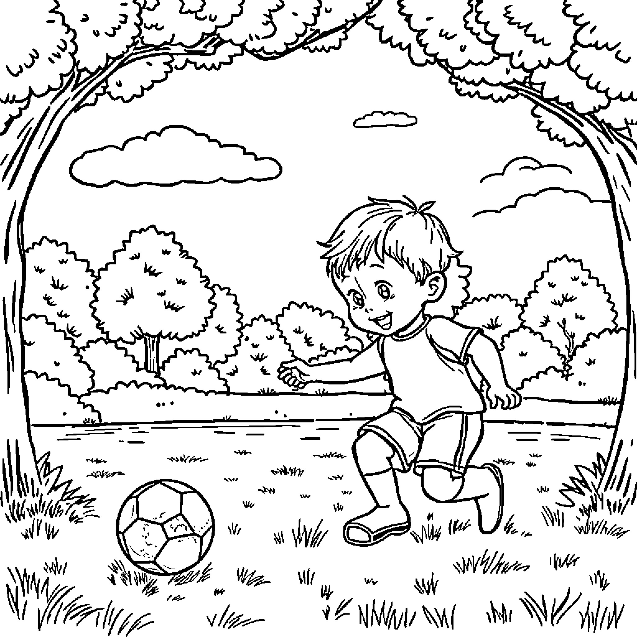 Baby playing joyfully with soccer ball in the park Coloring Page (free black-and-white line drawing printable PDF for all, from beginners to advanced learners, including children, teens, adults, and seniors)