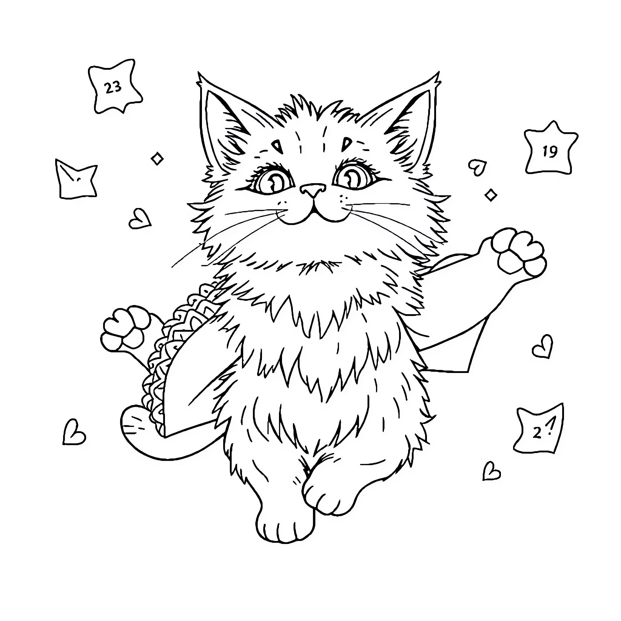 Taco the Playful Kitten in Wonderland Coloring Page (free black-and-white line drawing printable PDF for all, from beginners to advanced learners, including children, teens, adults, and seniors)