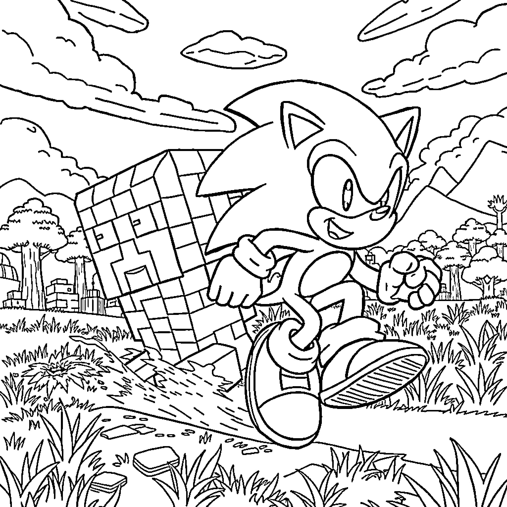 Sonic dashing through a vibrant landscape Coloring Page (free black-and-white line drawing printable PDF for all, from beginners to advanced learners, including children, teens, adults, and seniors)