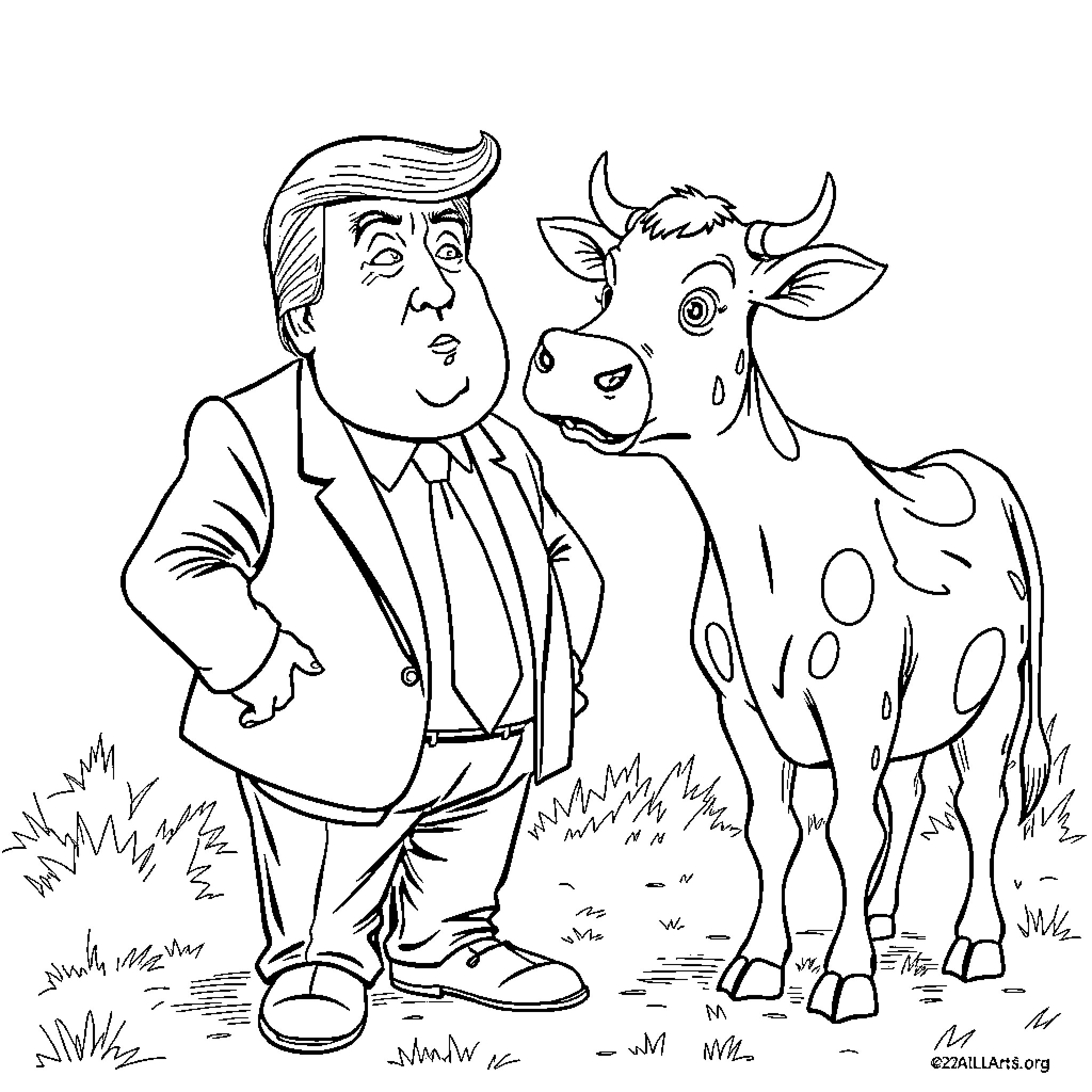Donald Trump posing with a cow in a field Coloring Page (free black-and-white line drawing printable PDF for all, from beginners to advanced learners, including children, teens, adults, and seniors)