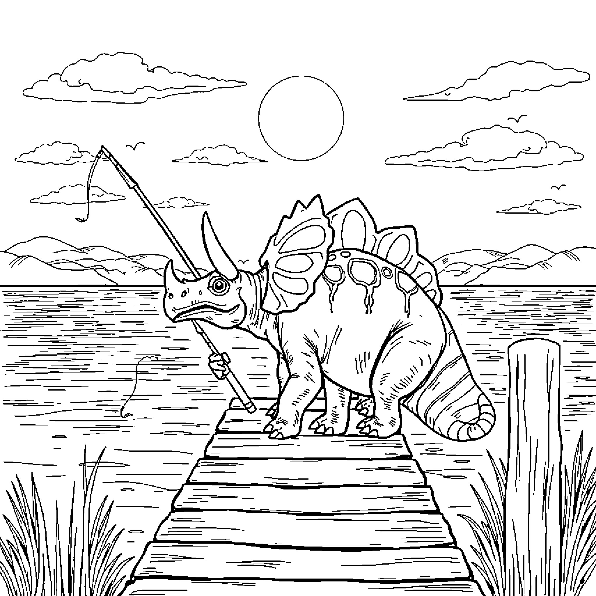 Triceratops fishing on a wooden dock Coloring Page (free black-and-white line drawing printable PDF for all, from beginners to advanced learners, including children, teens, adults, and seniors)